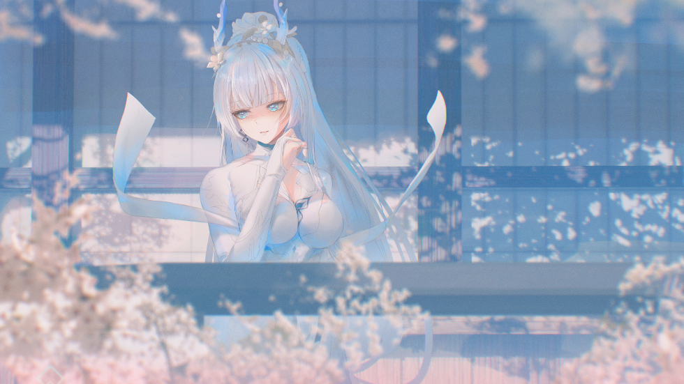 银发鹿角少女 樱花与建筑_8450a5f0a445