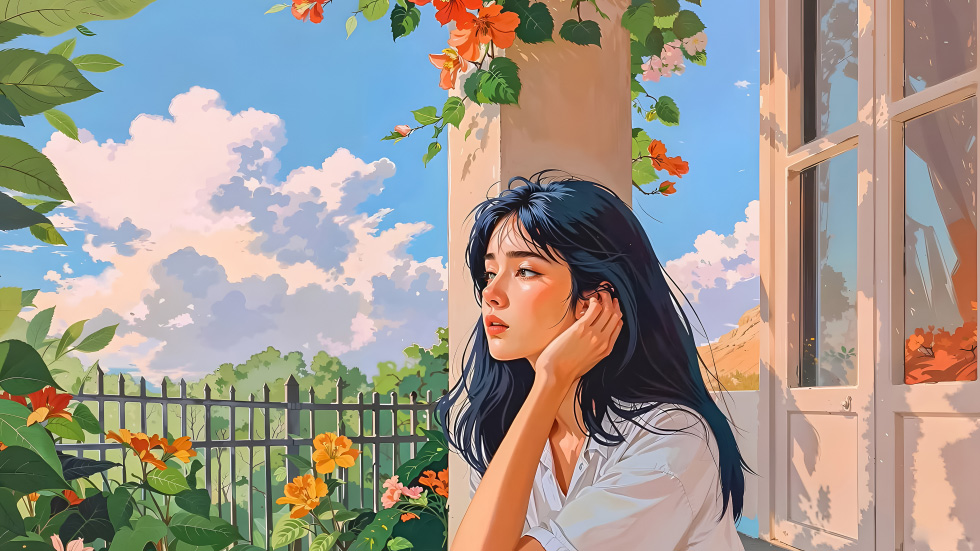 长发少女侧颜 庭院繁花_a2ad4881f138
