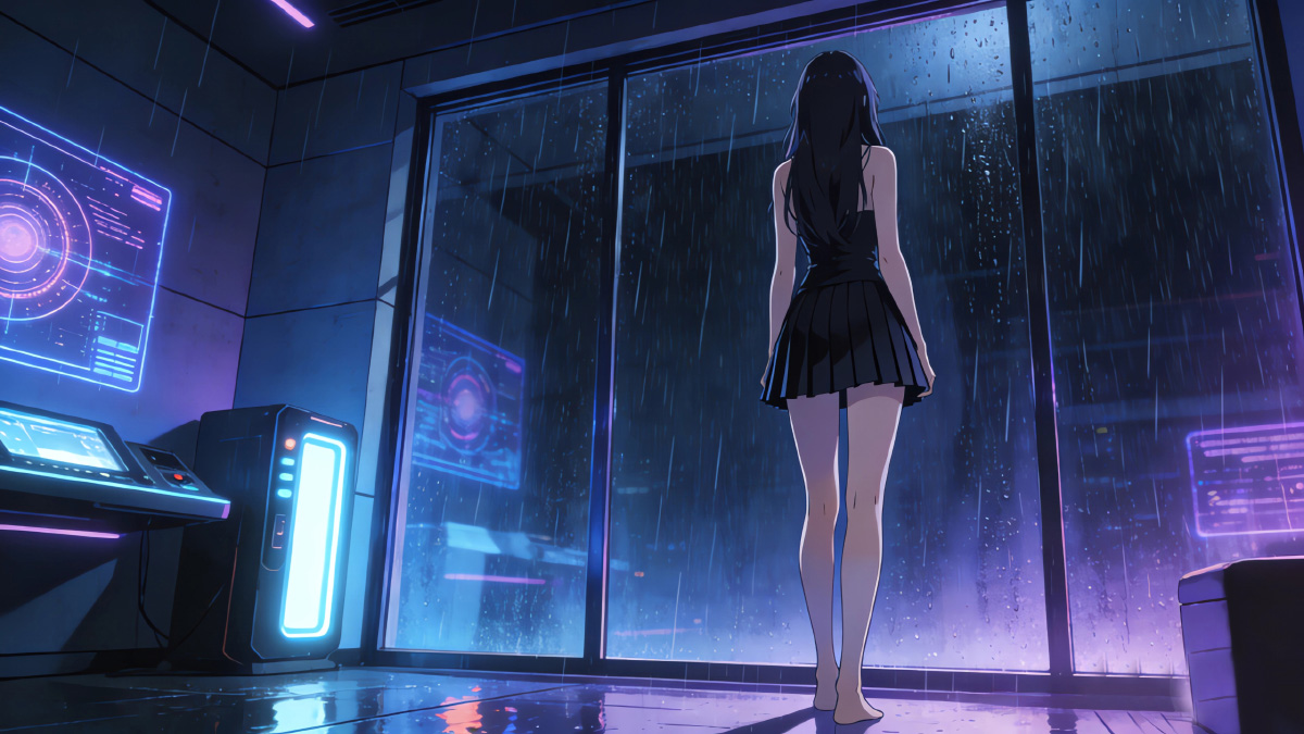 长发美女背影 黑裙 下雨天_2aa908423dac