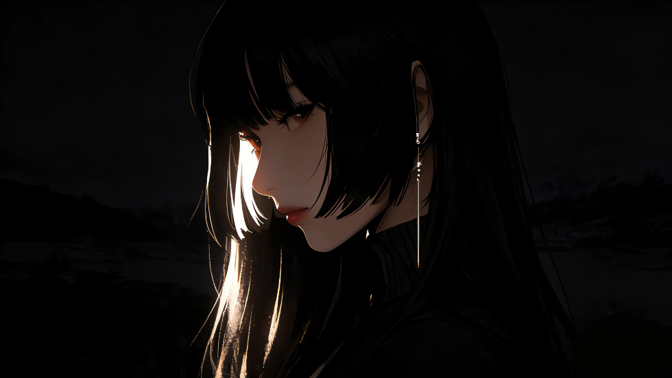 长发高冷美女 侧脸 黑色背景_035801b67c3d