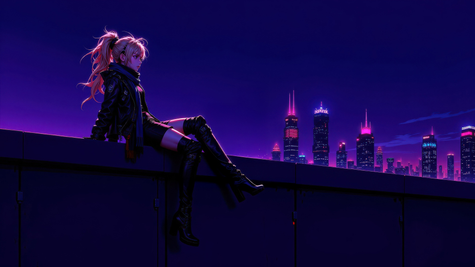 阳台少女 都市霓虹夜景_b6134225f623