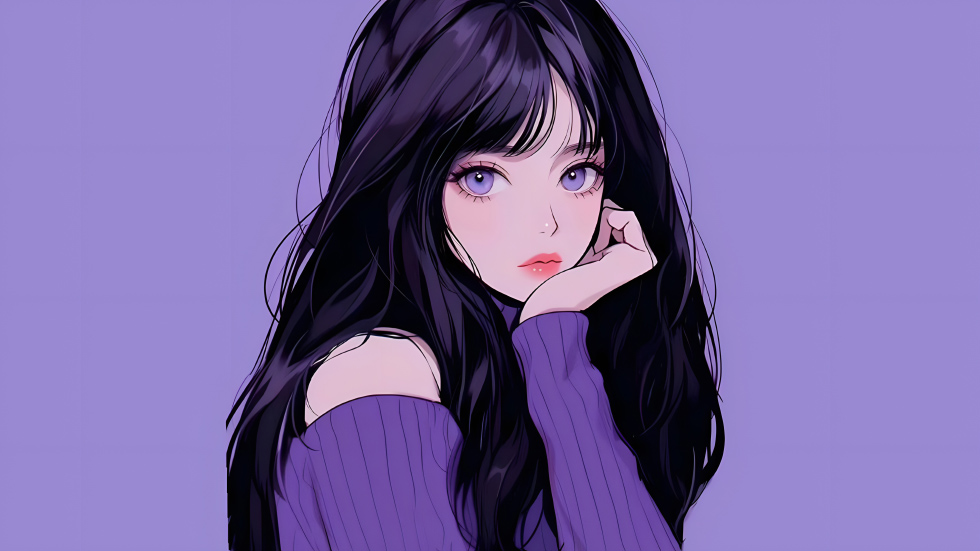 黑发紫眸少女 紫色露肩毛衣_849c061c7666