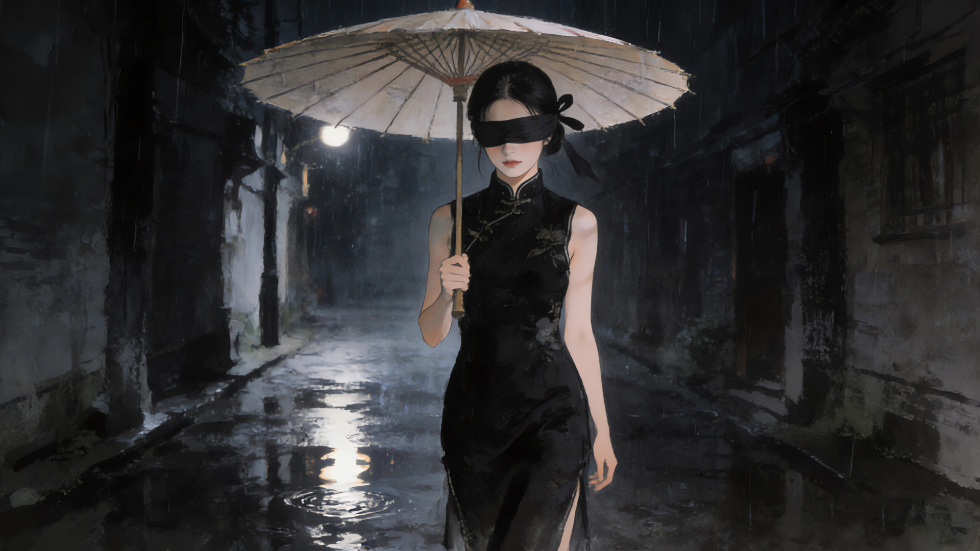 黑色旗袍美女 雨夜 蒙眼_b16fc72802fb