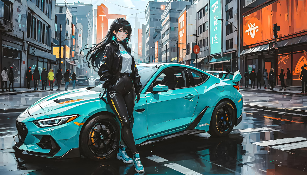 黑长直少女 青色跑车 潮酷风_dfa49a602dd7