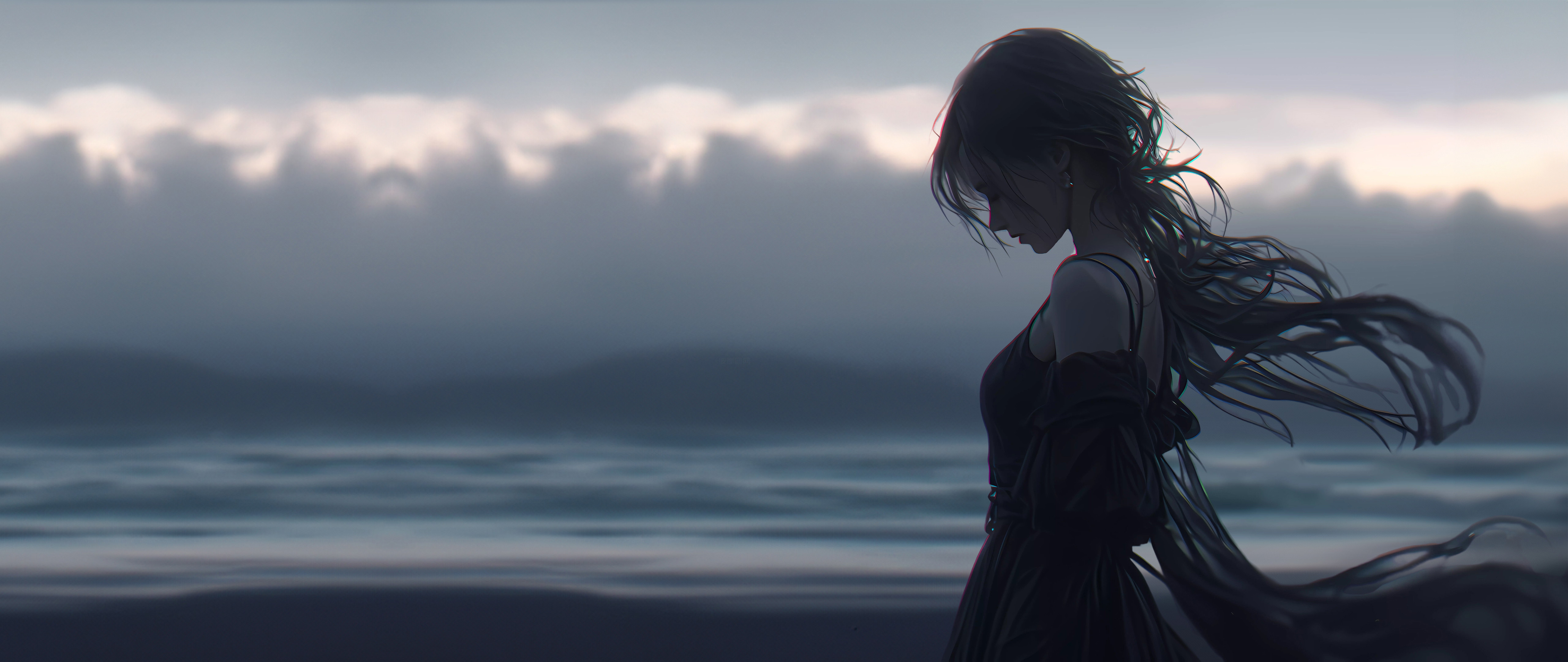 暗色背景动漫美女长发黑