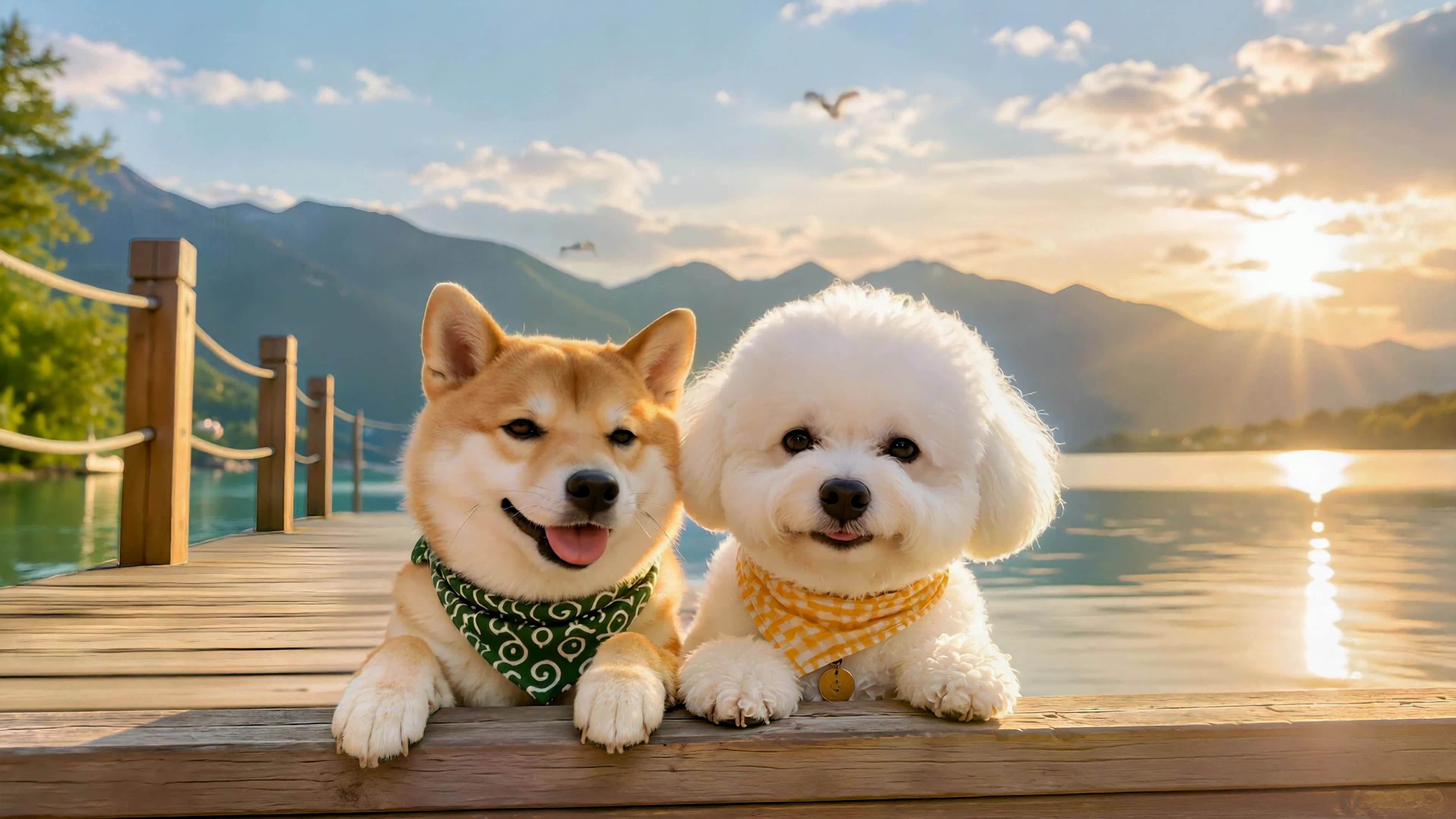 湖畔萌犬伴夕阳