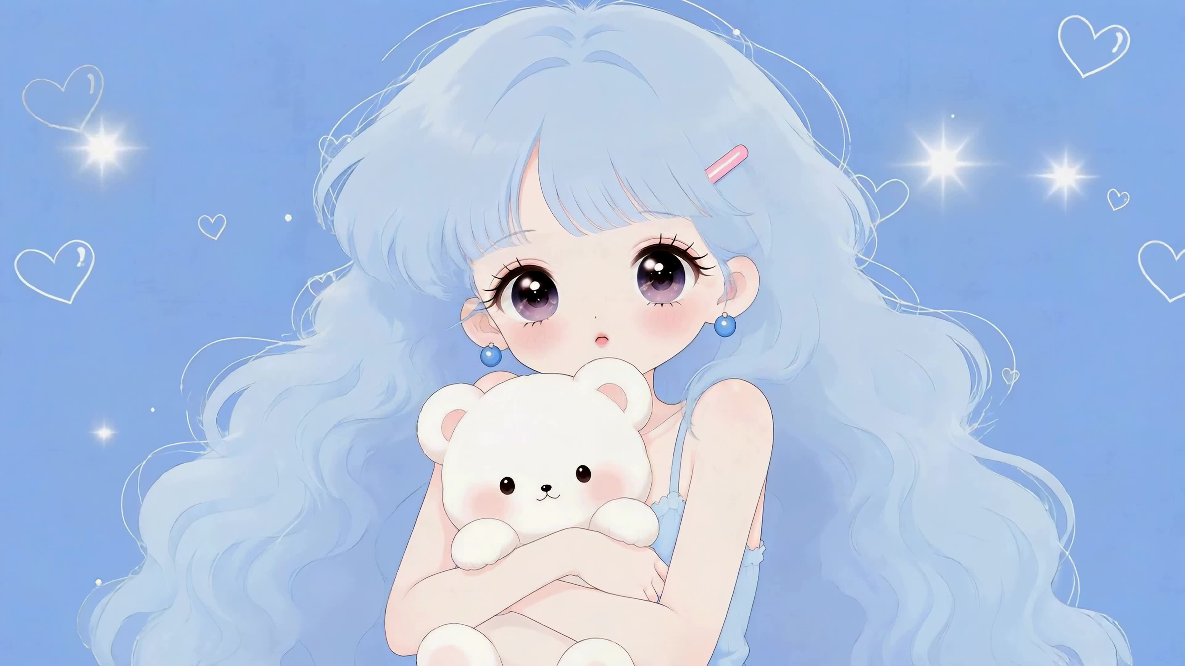 抱熊的蓝发少女