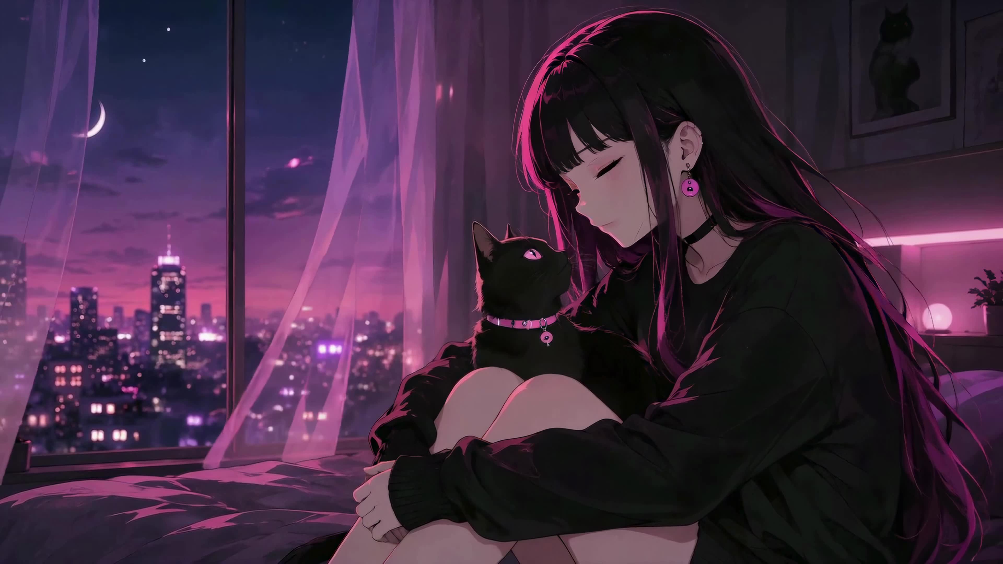 紫夜窗边的黑猫少女