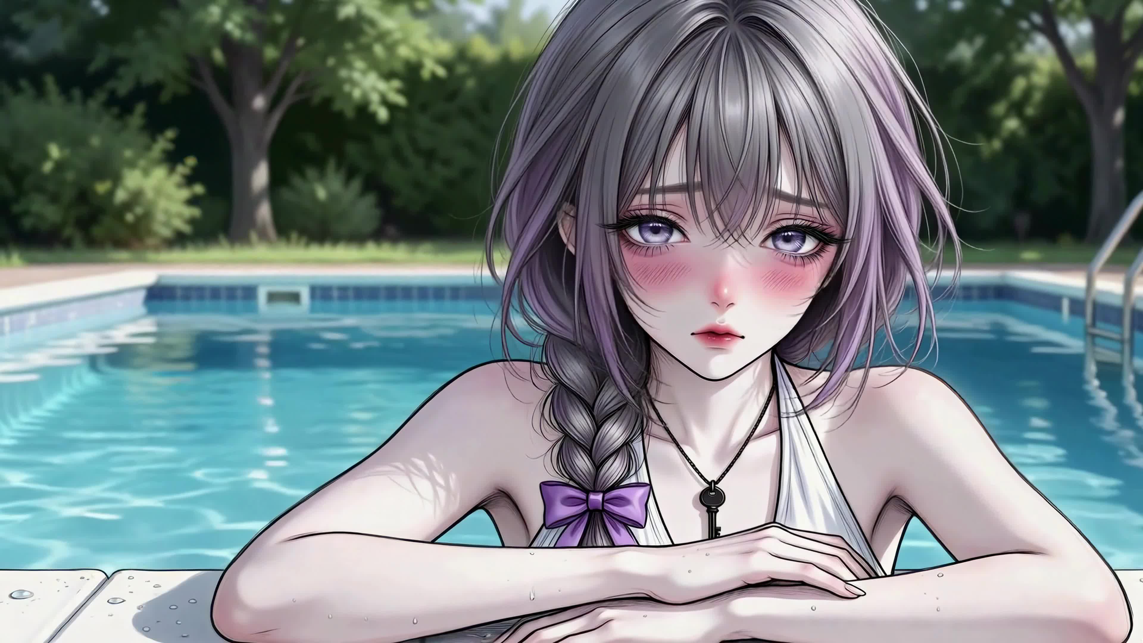 泳池边的紫发少女
