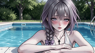 泳池边的紫发少女