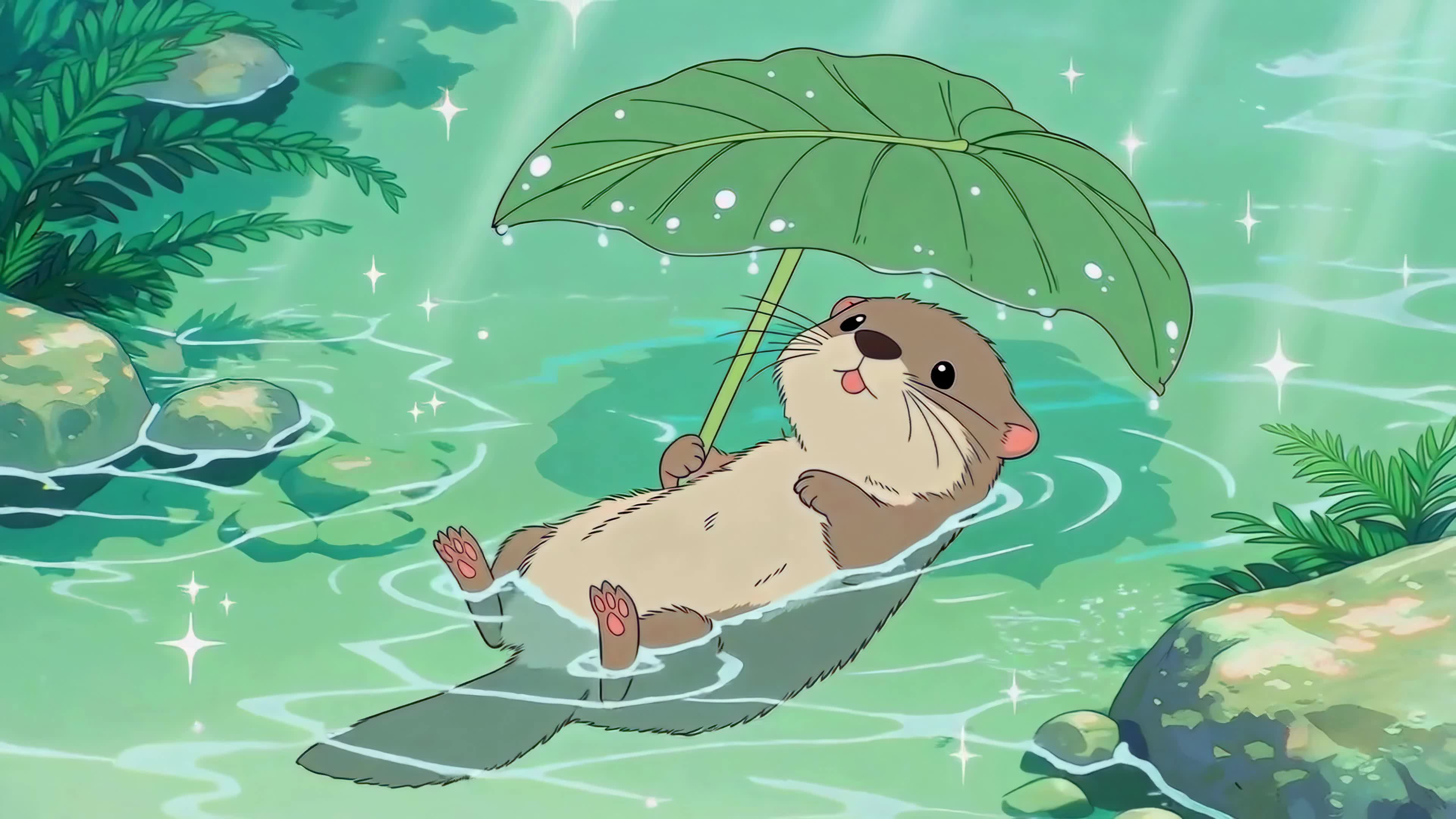 青叶伞下的浮水小獭