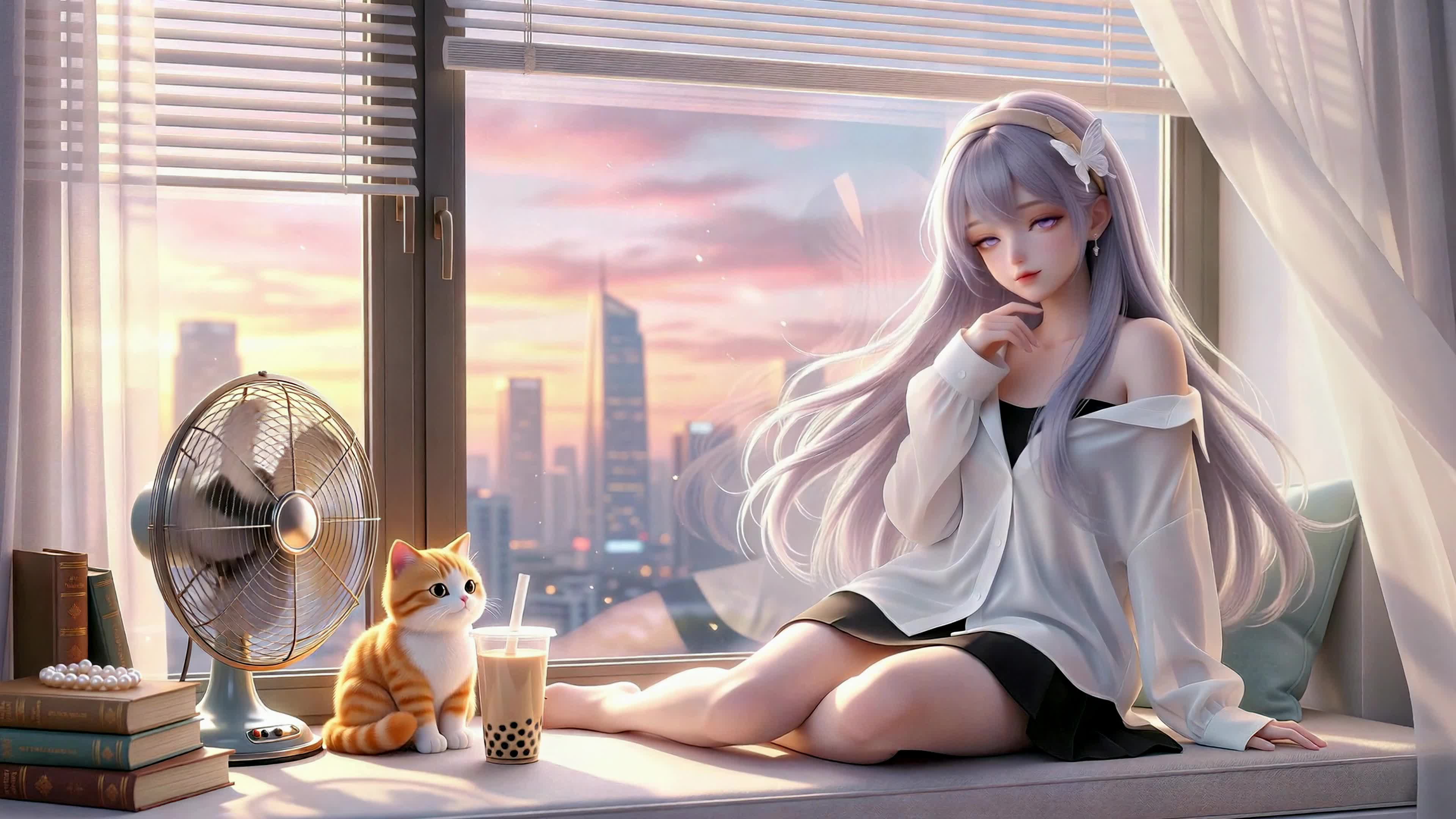 黄昏窗边的少女与猫