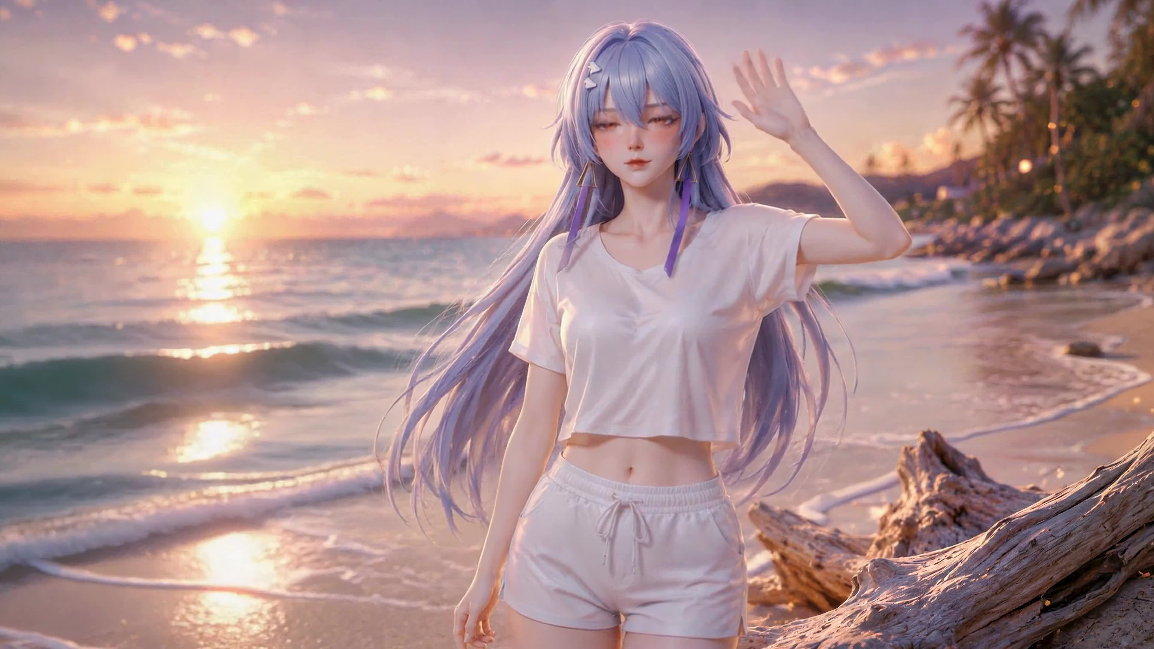 日落海岸的紫发少女