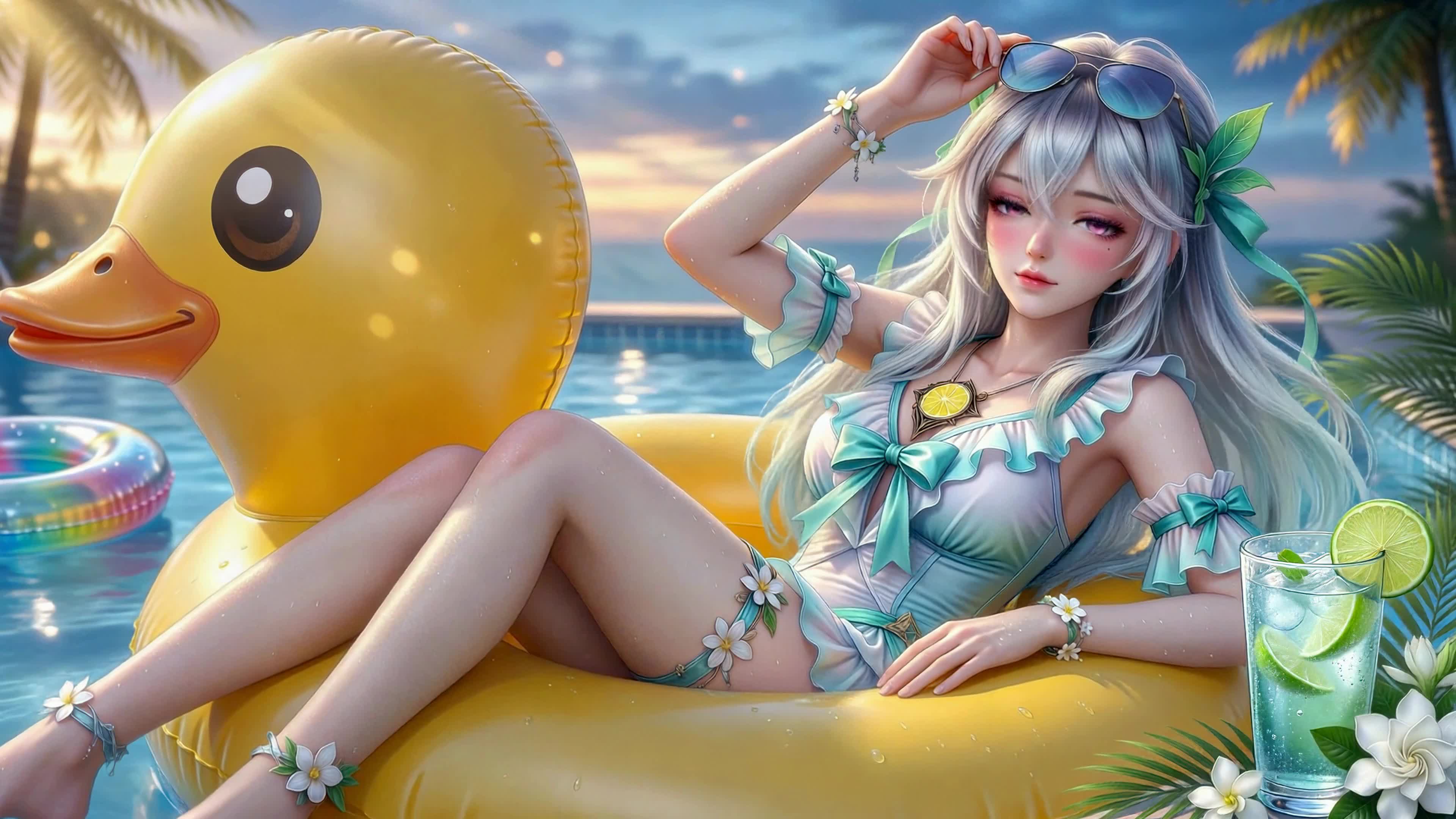 夏日泳池少女