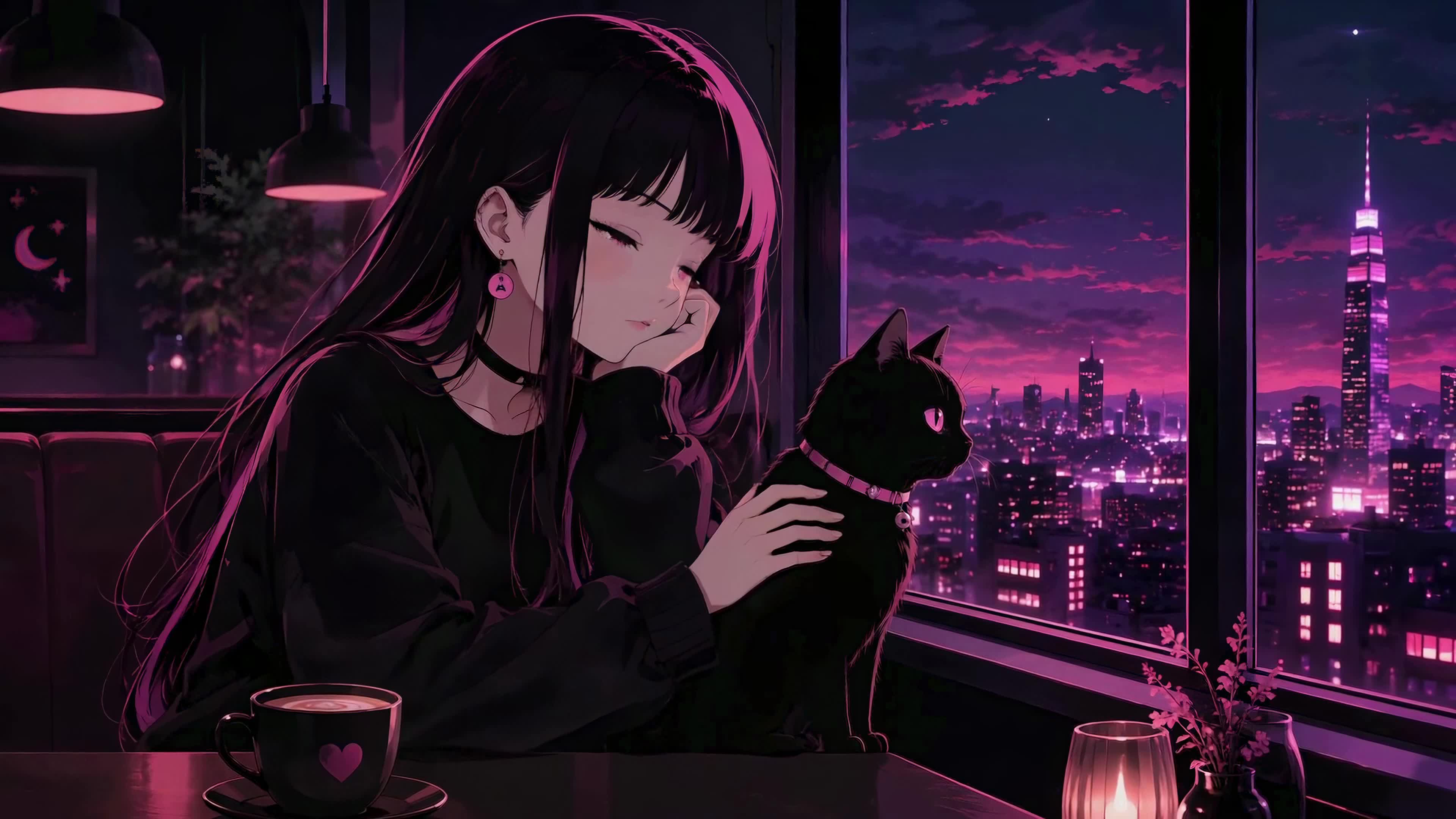 紫夜窗边的她与猫