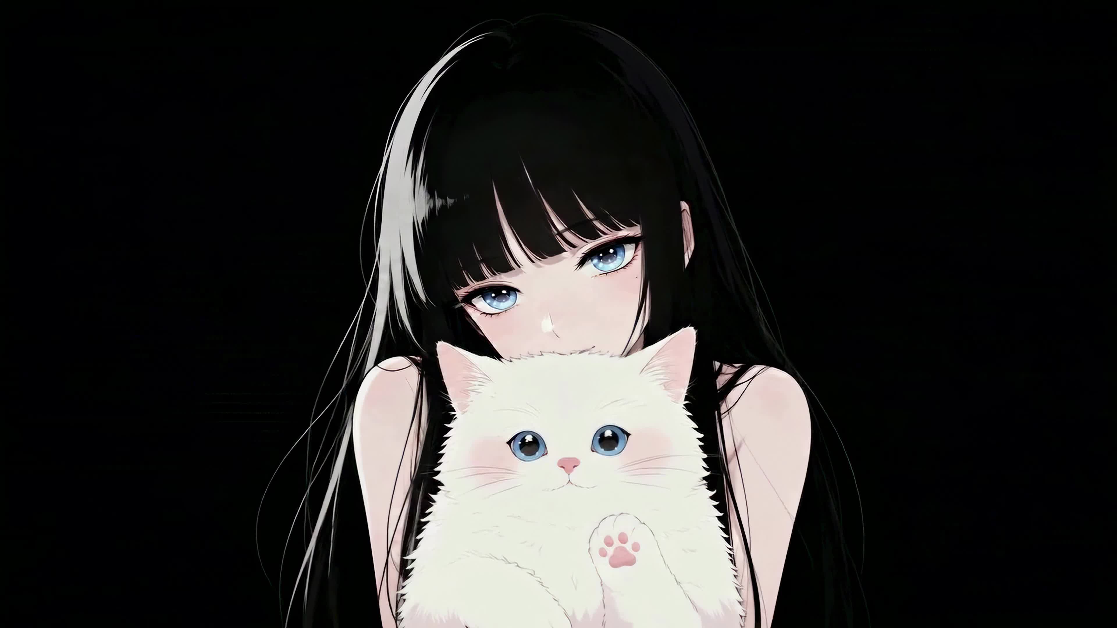 黑长发少女与白猫