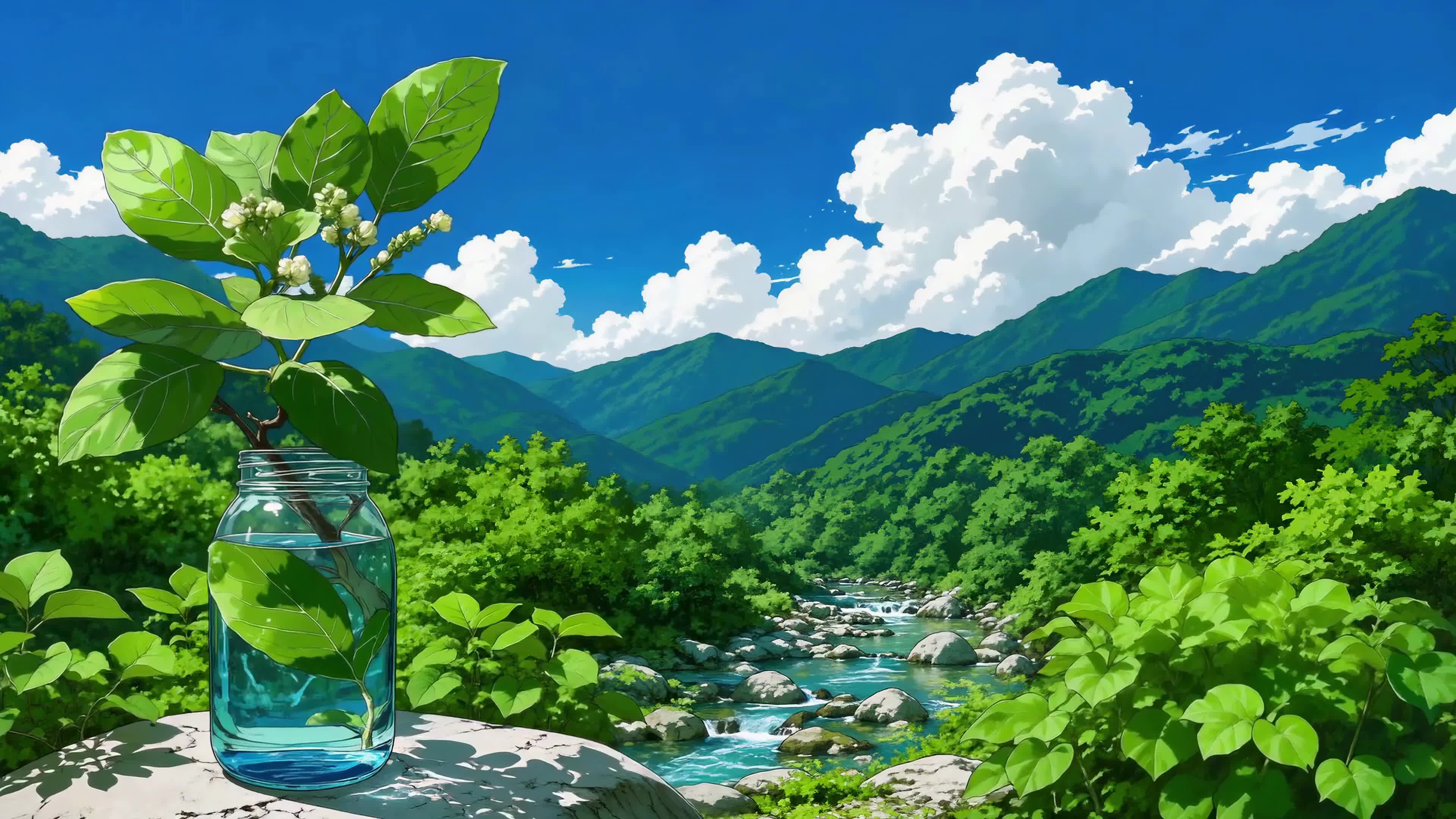 青空下的溪谷绿意