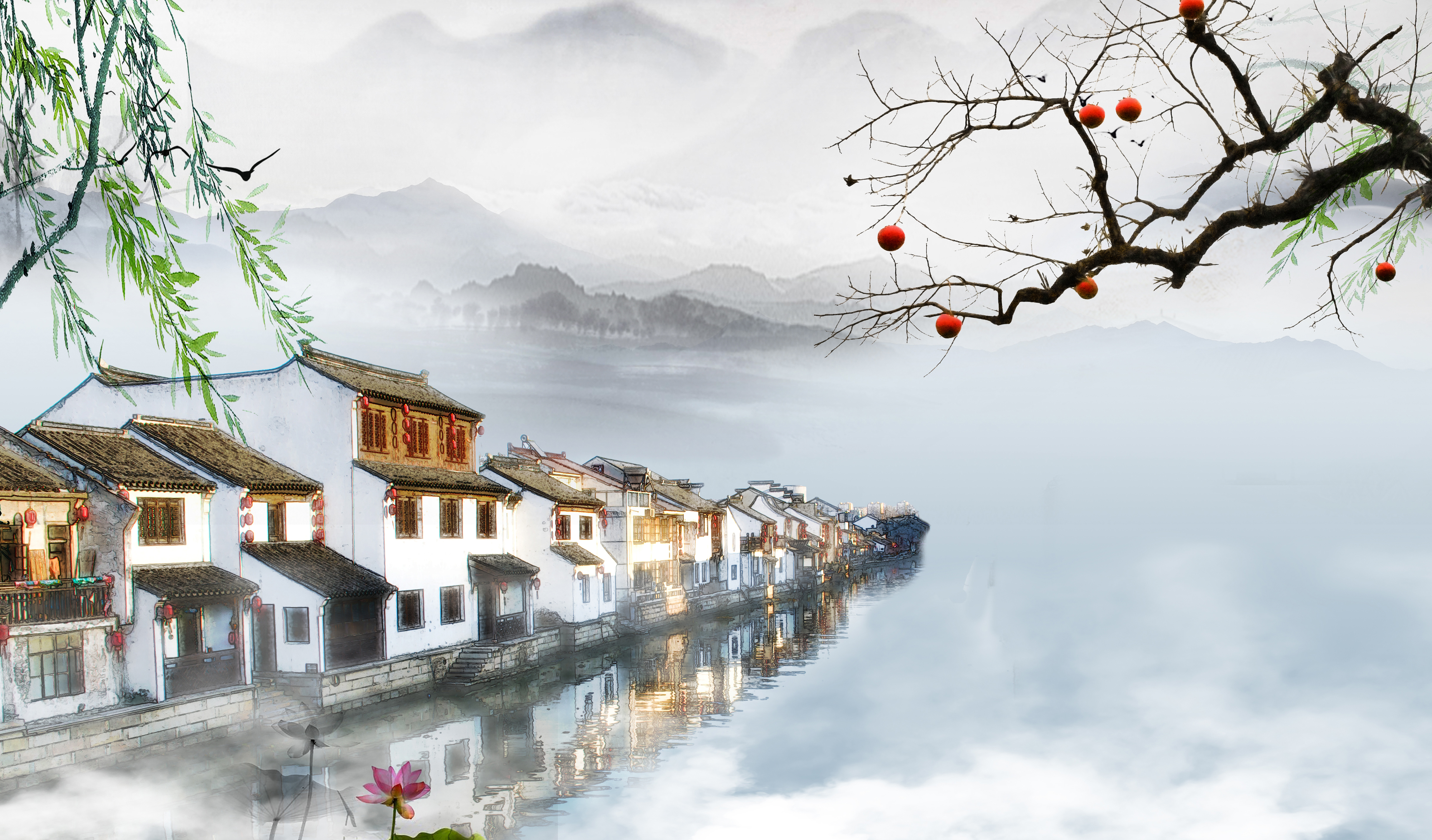 中国风 水墨画 湖 河流_13003