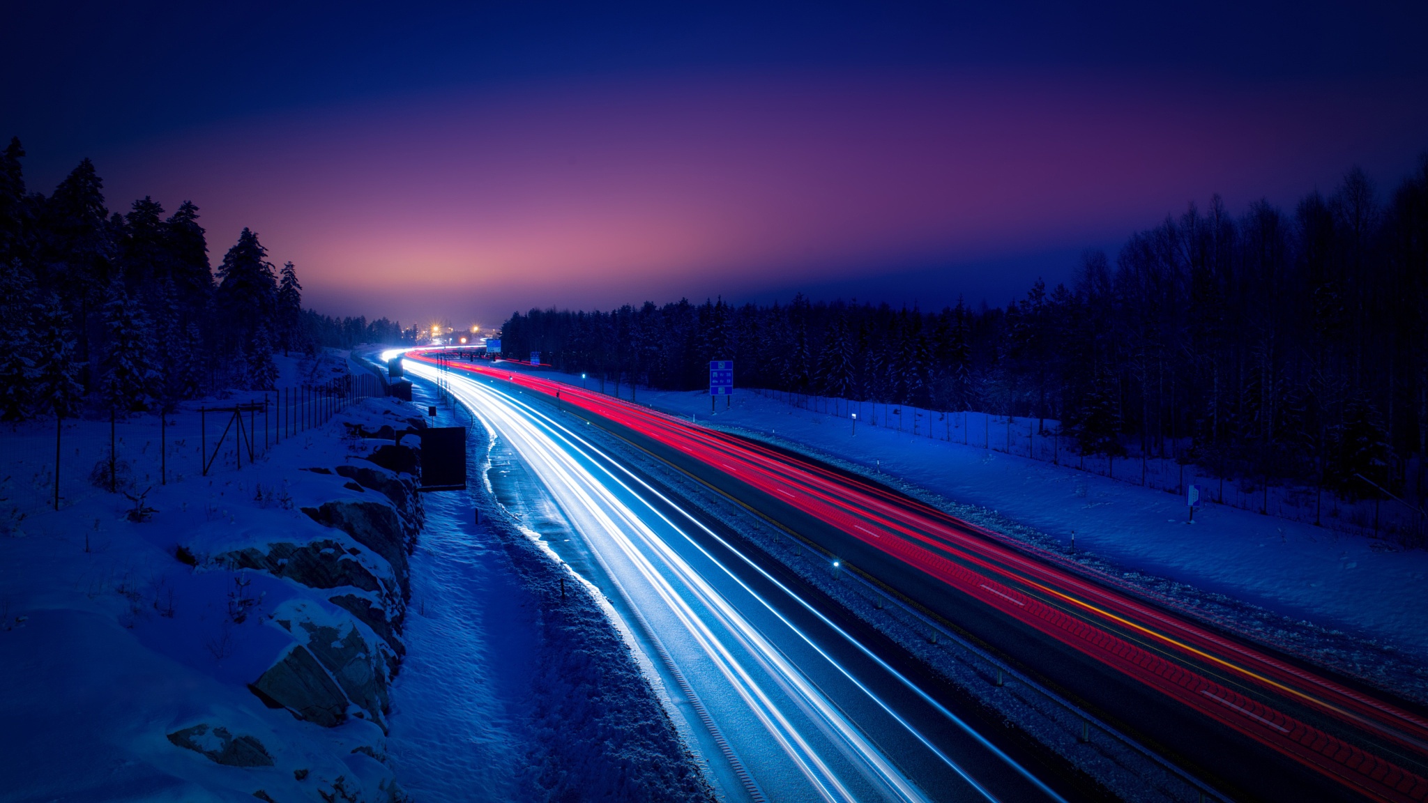 冬天晚上雪灯光道路风景_4237