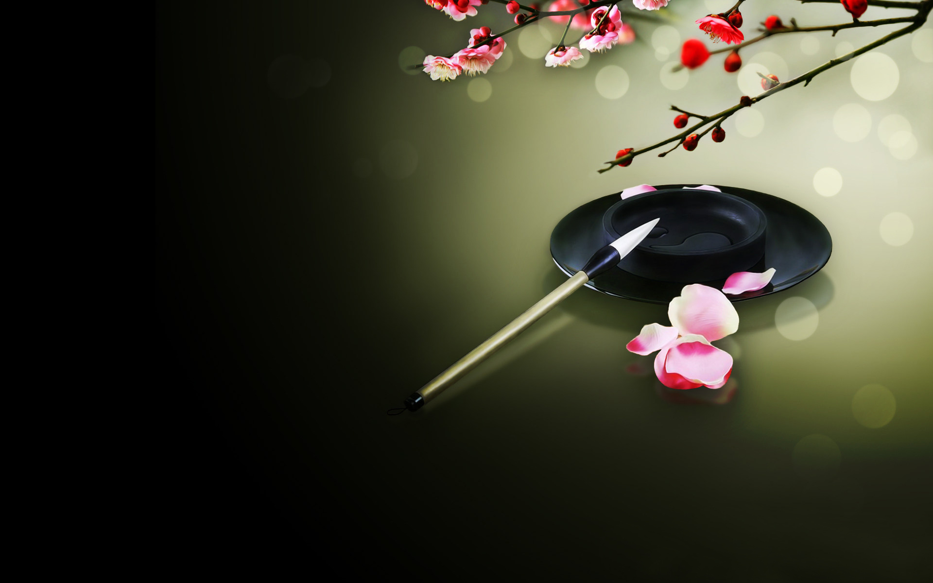 墨盘 毛笔 桃花 中国风_4047