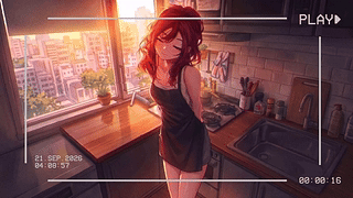 厨房里的动漫女孩，录制于VHS/VRC或类似类型的摄像机