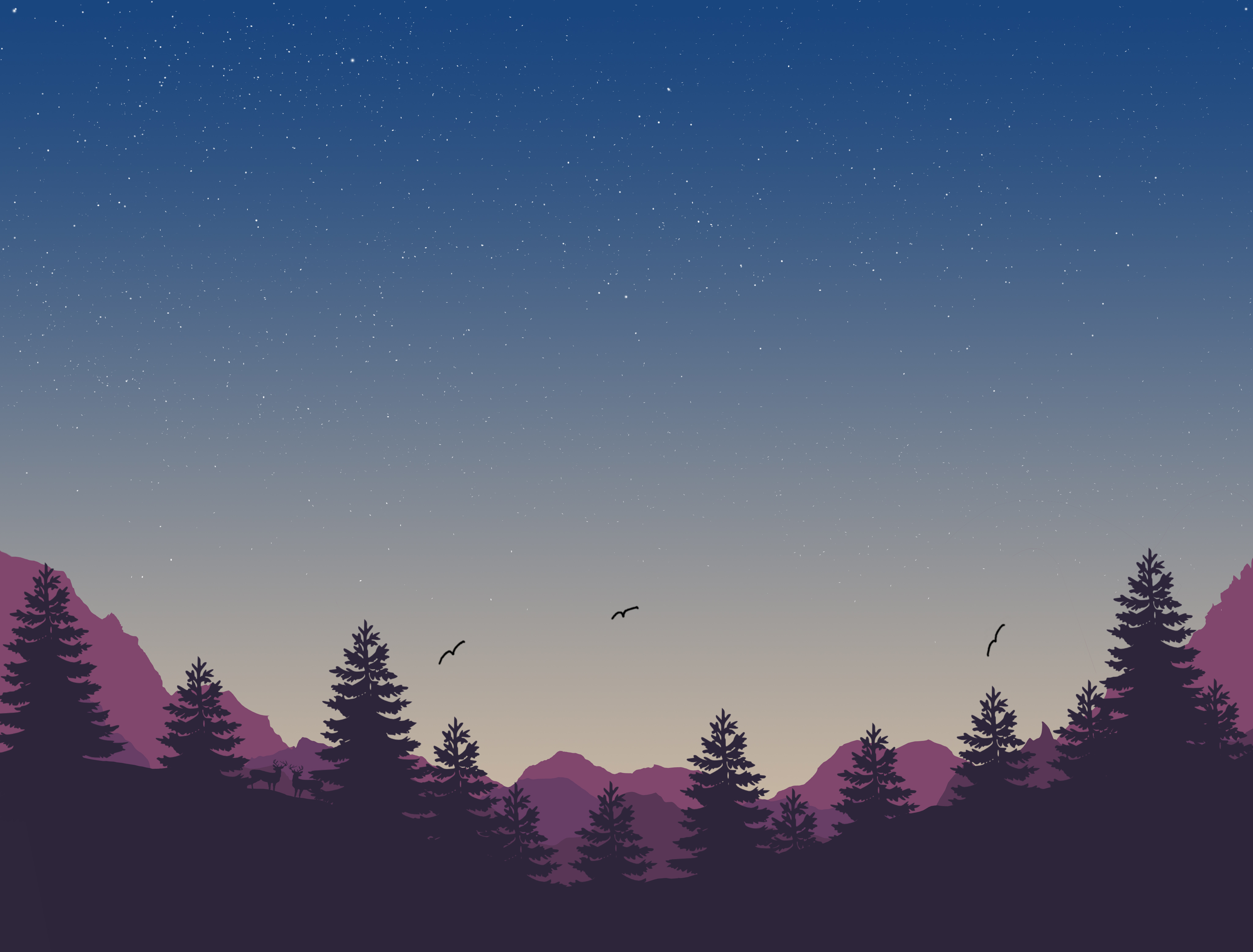 夜晚,星星,山,鹿,4k简约_16267