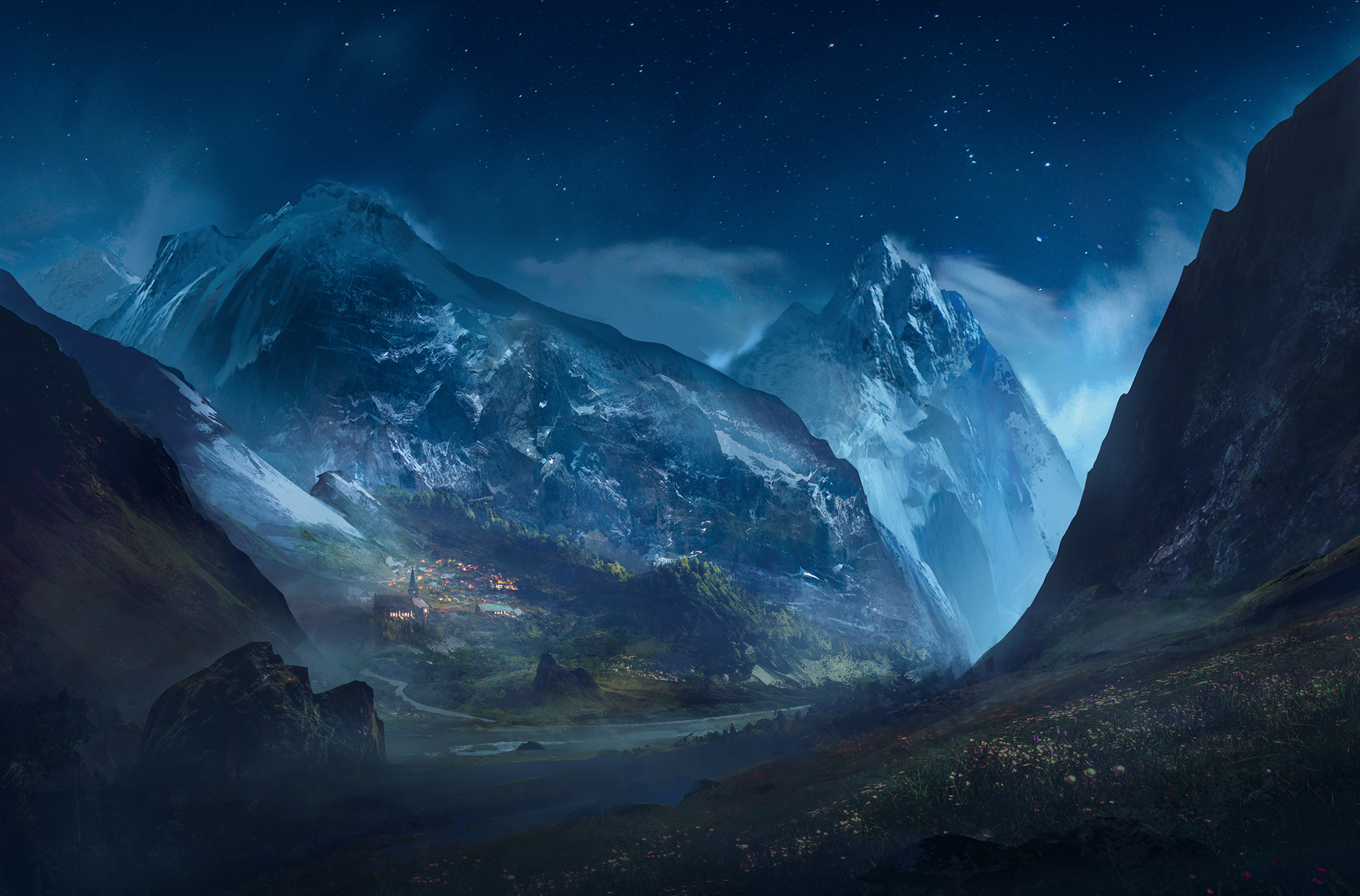 夜晚,星星,山谷雪山风景_3993