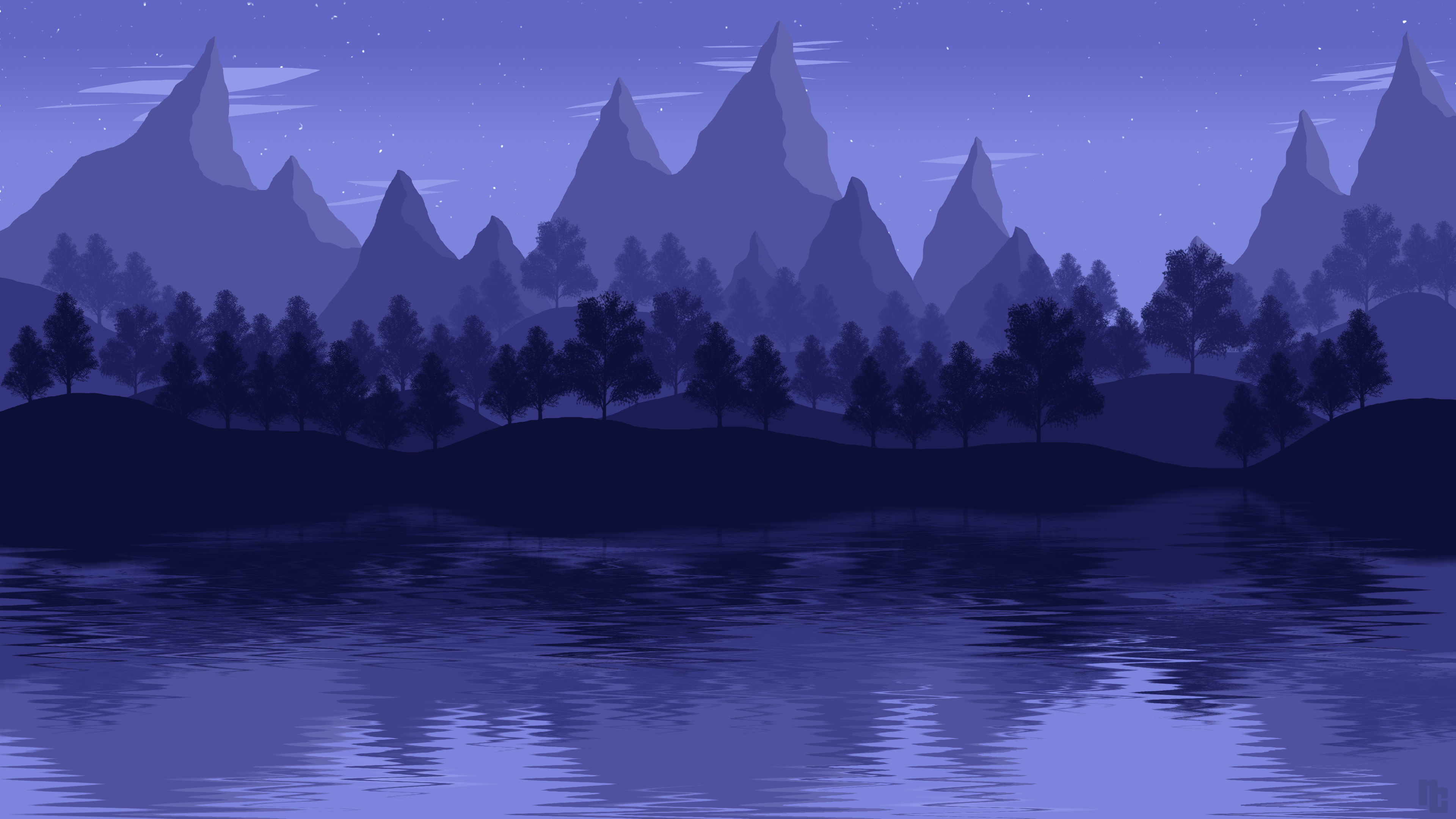 夜晚山水树林河流风景简_18001