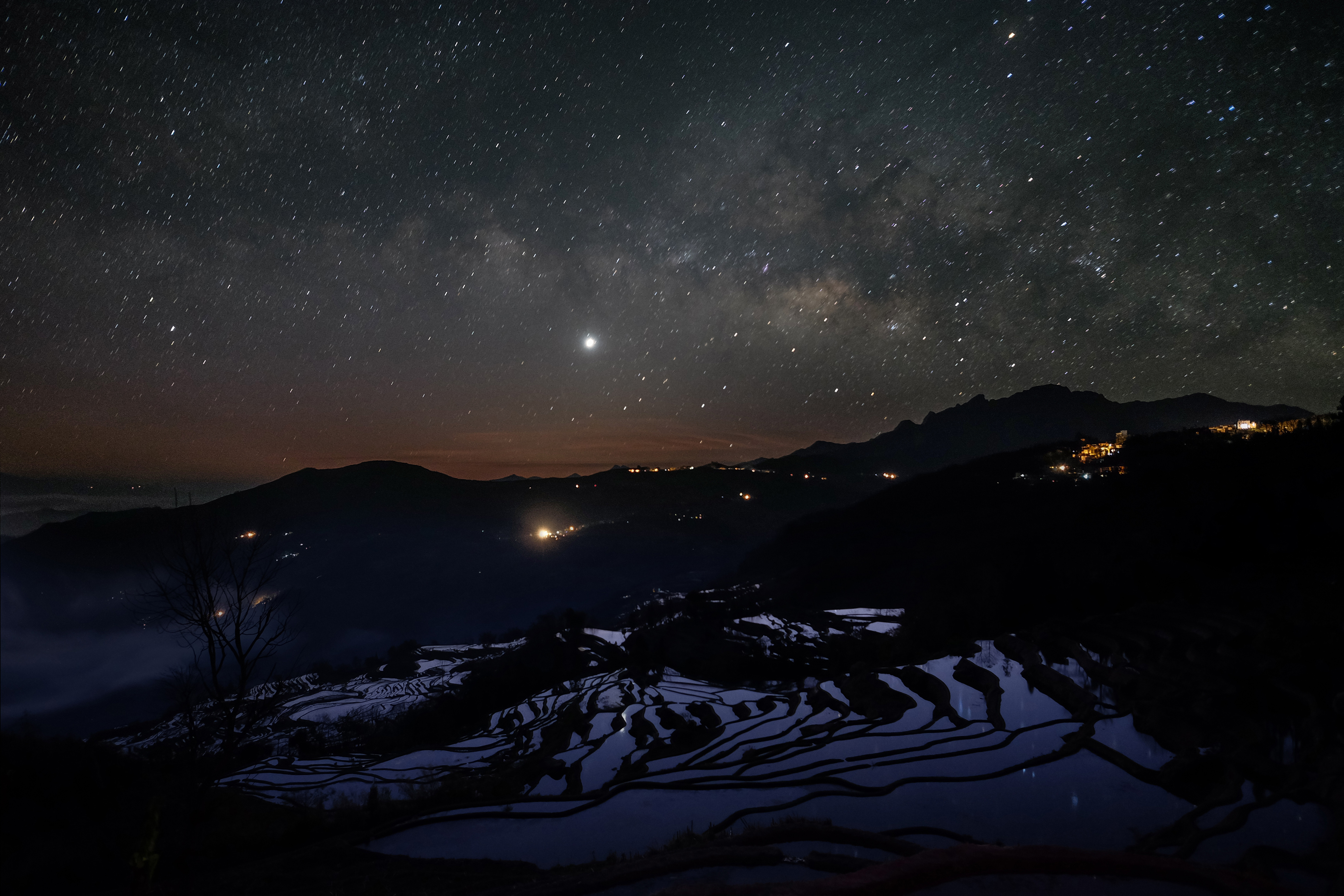 天空 星星 夜晚 山 梯田_7543