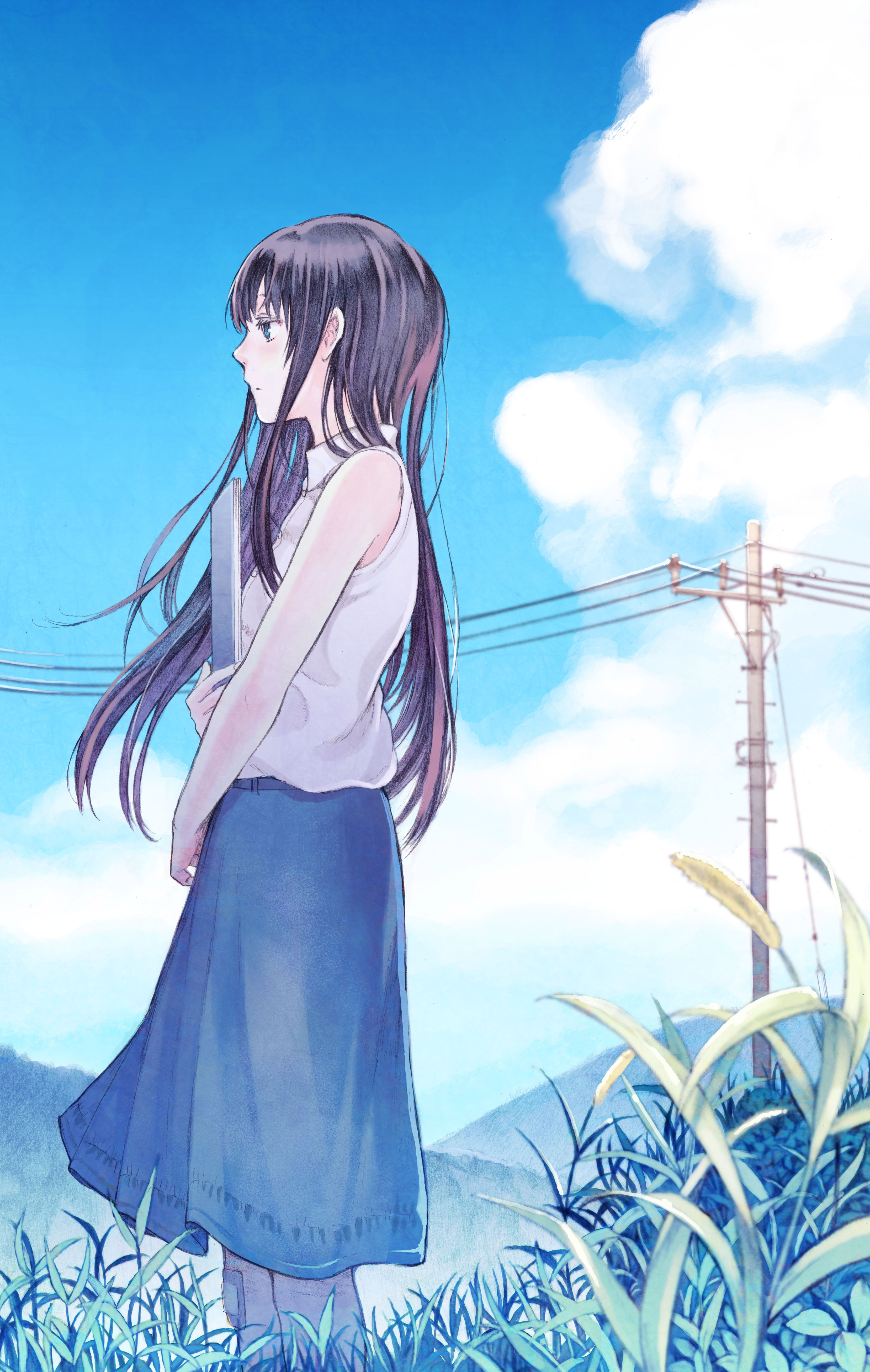 天空 电线杆 长头发女生_17870