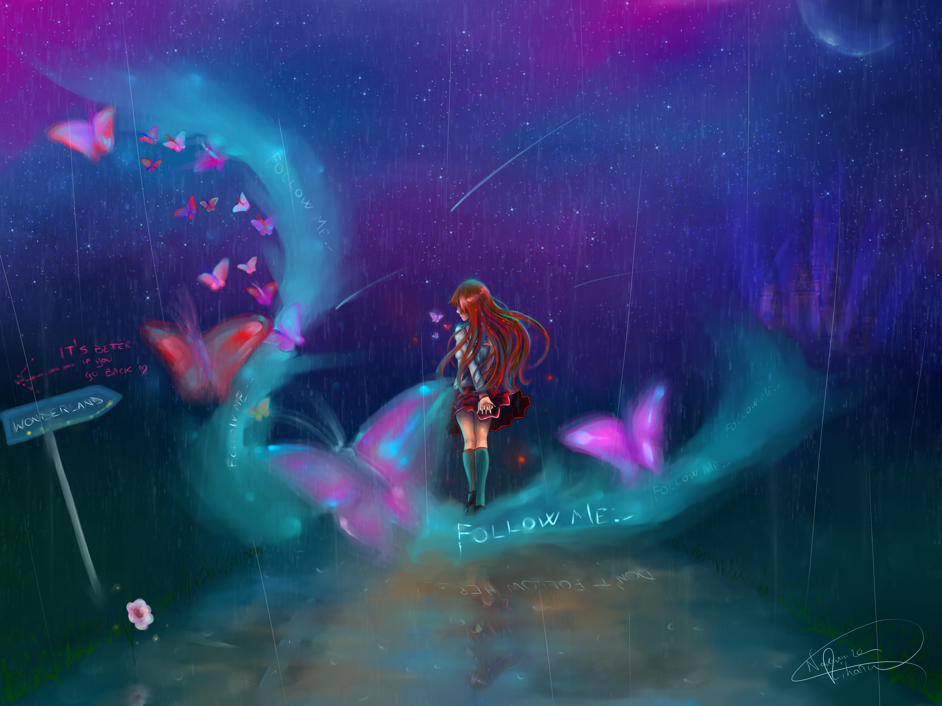 女孩,星星,蝴蝶,夜晚,动_14233