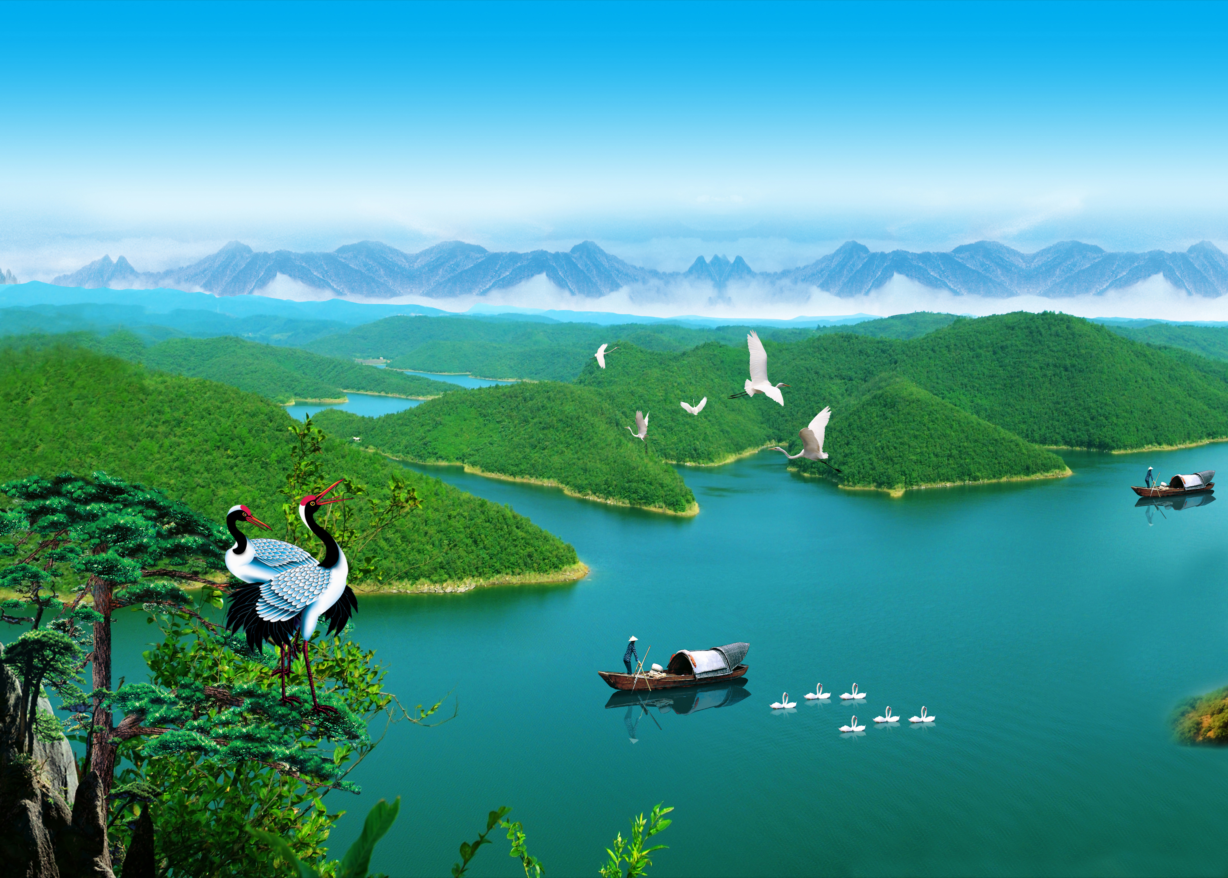 大好河山 山水风景 仙鹤_12396