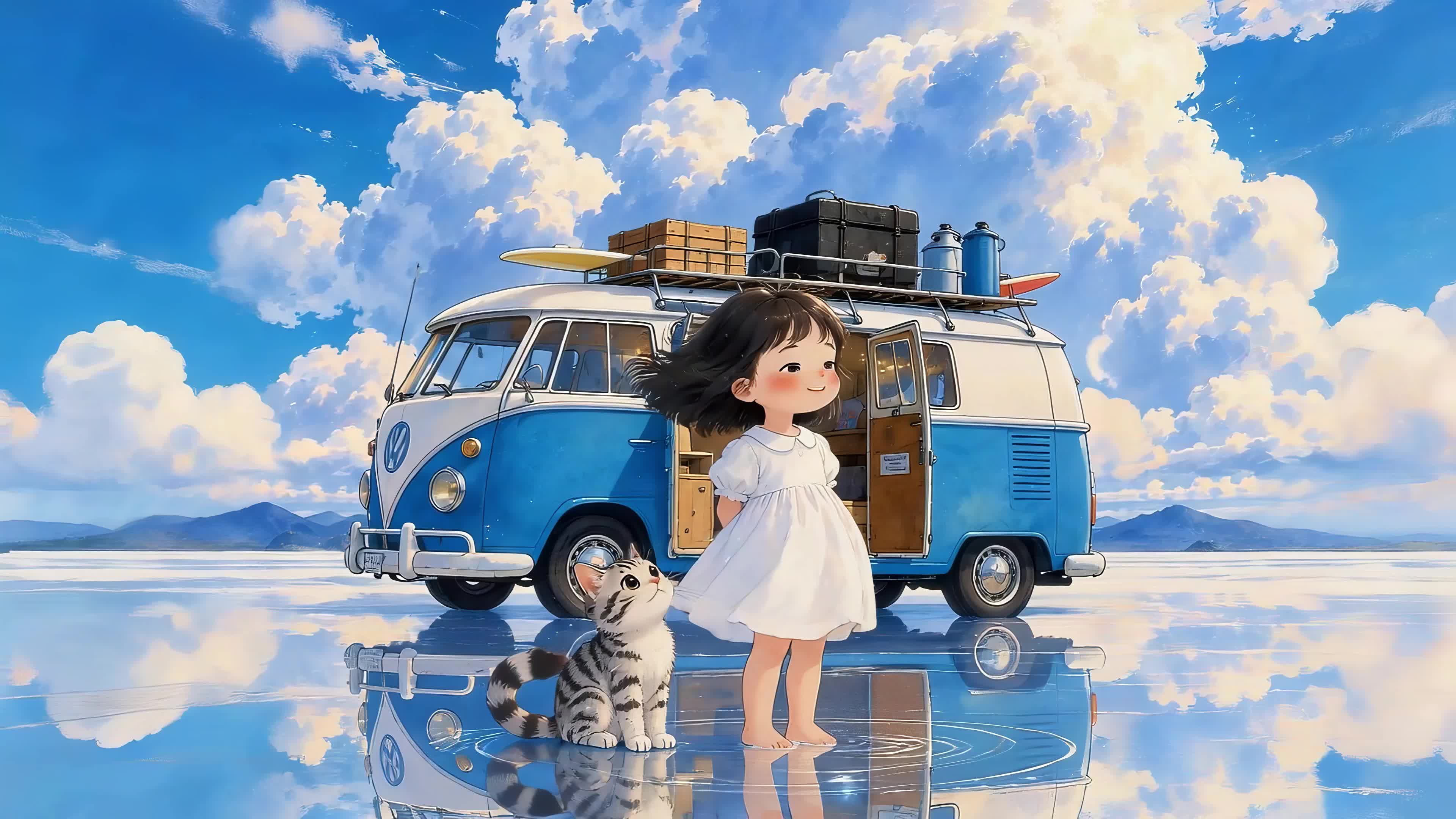 蓝天下的旅行女孩和猫咪