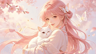 卖萌猫咪与粉色女孩