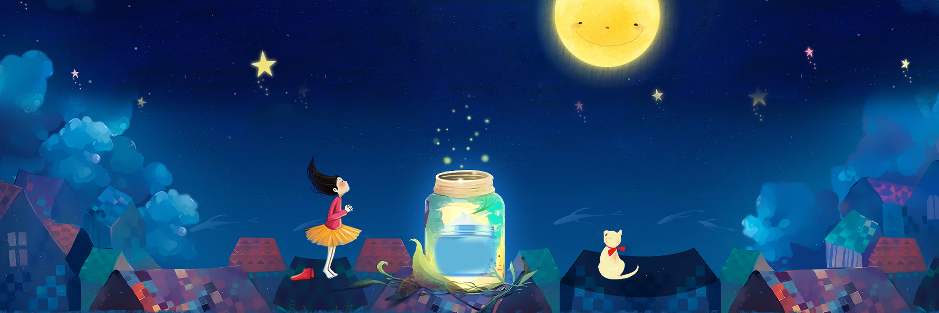 晚上,月亮,星星,屋顶,小_3740