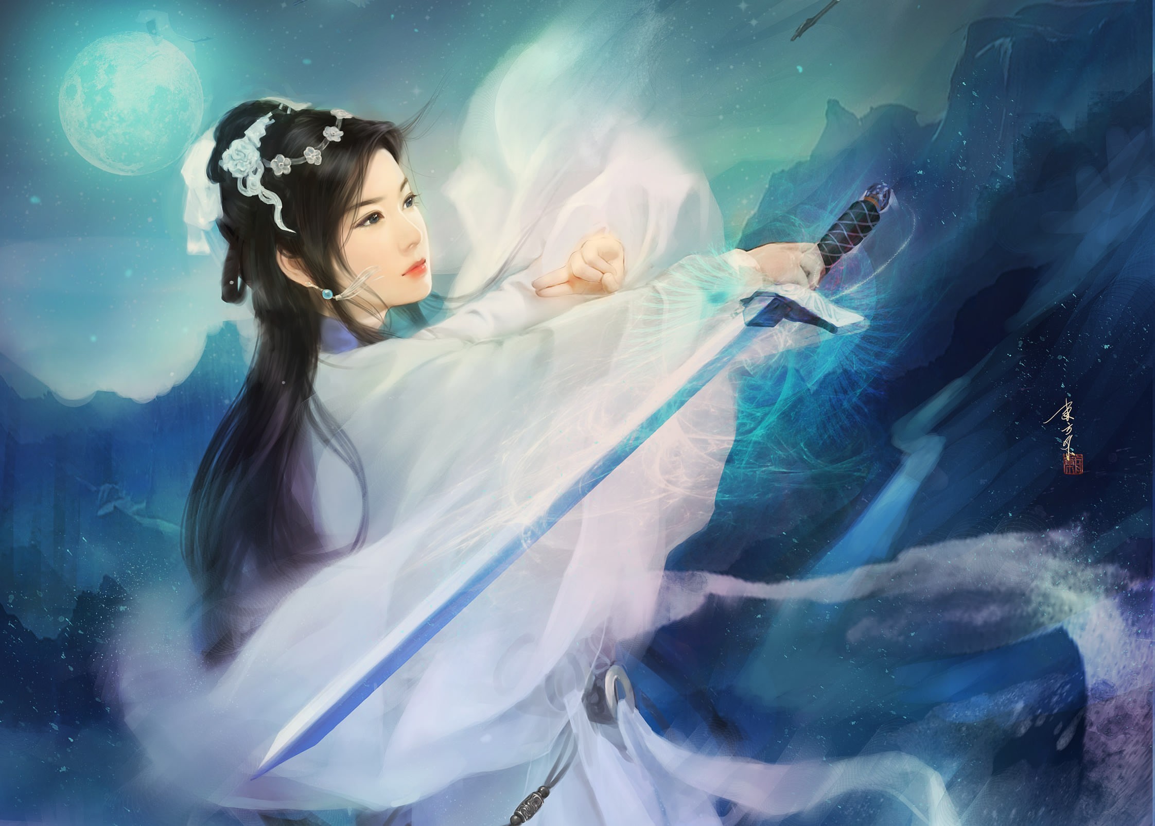 月亮,山,夜晚,女孩的剑,_3910