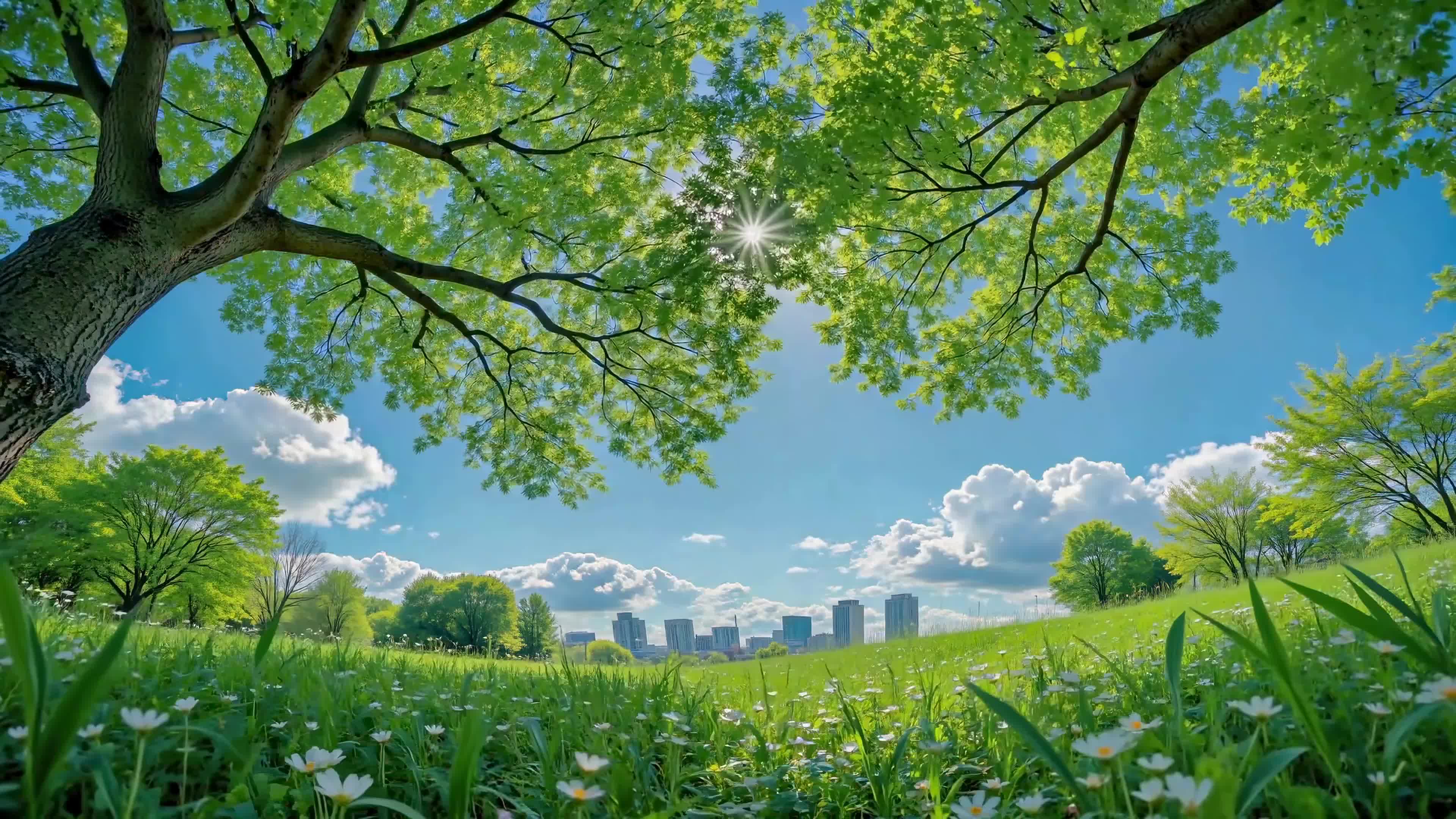 晴空暖阳下的绿意草地