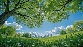 晴空暖阳下的绿意草地