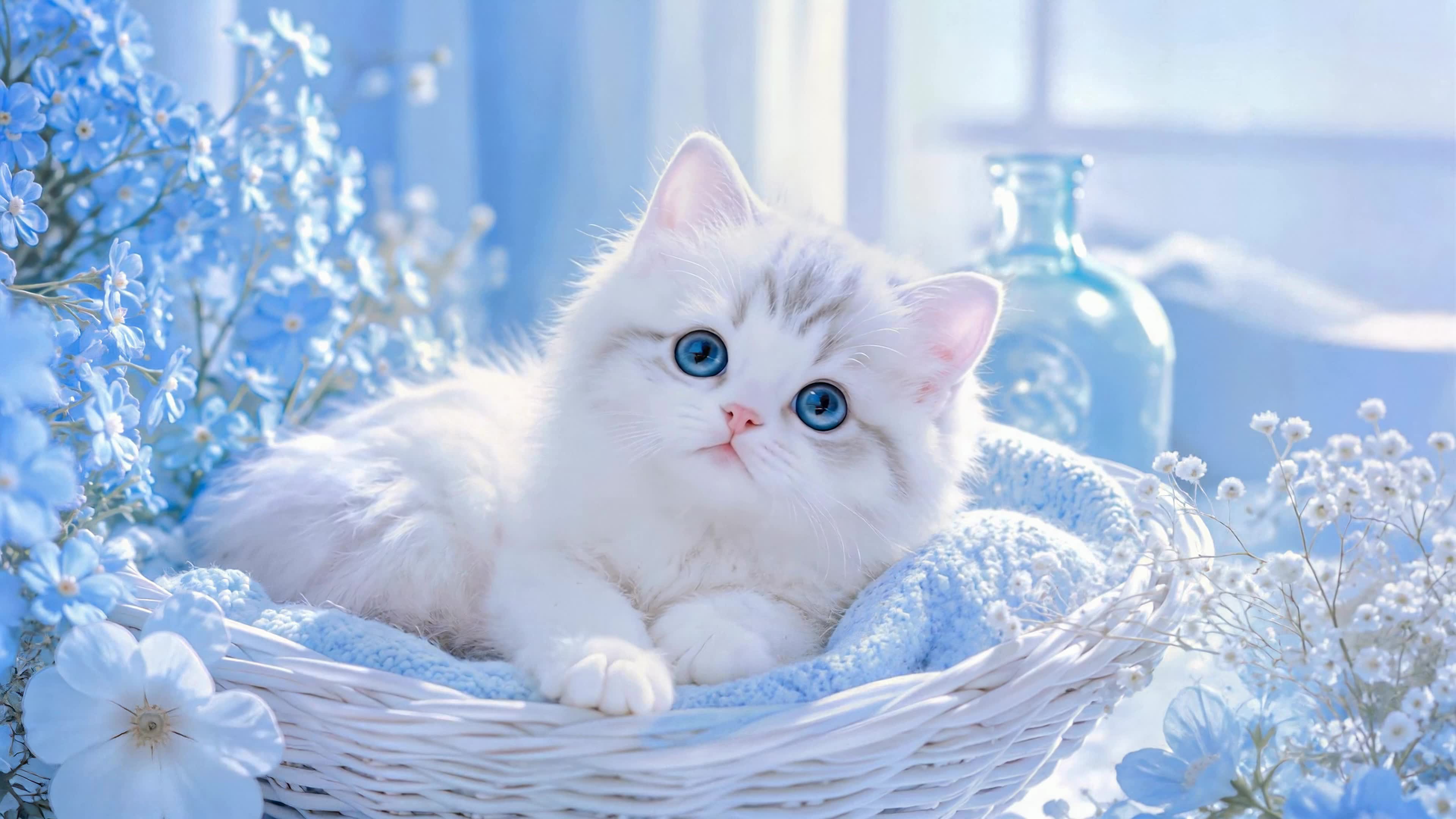 清蓝花簇中的软萌小奶猫