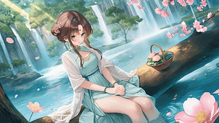 溪边闲坐的古风少女