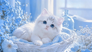 清蓝花簇中的软萌小奶猫