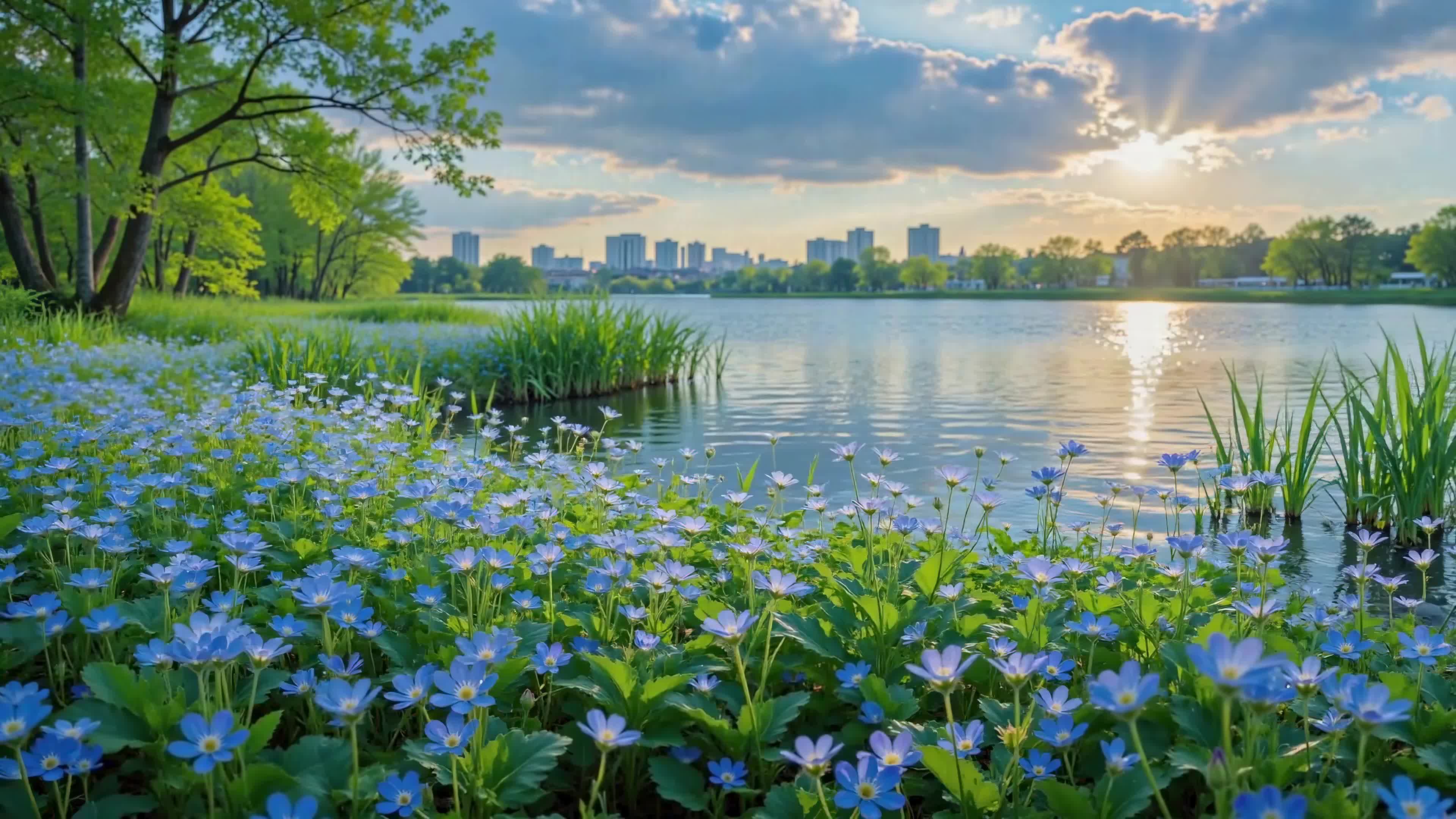 湖畔蓝花落日景致