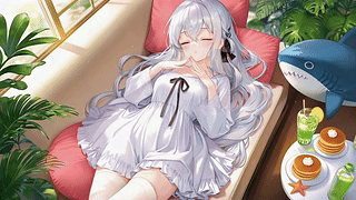 窗边慵懒银发少女