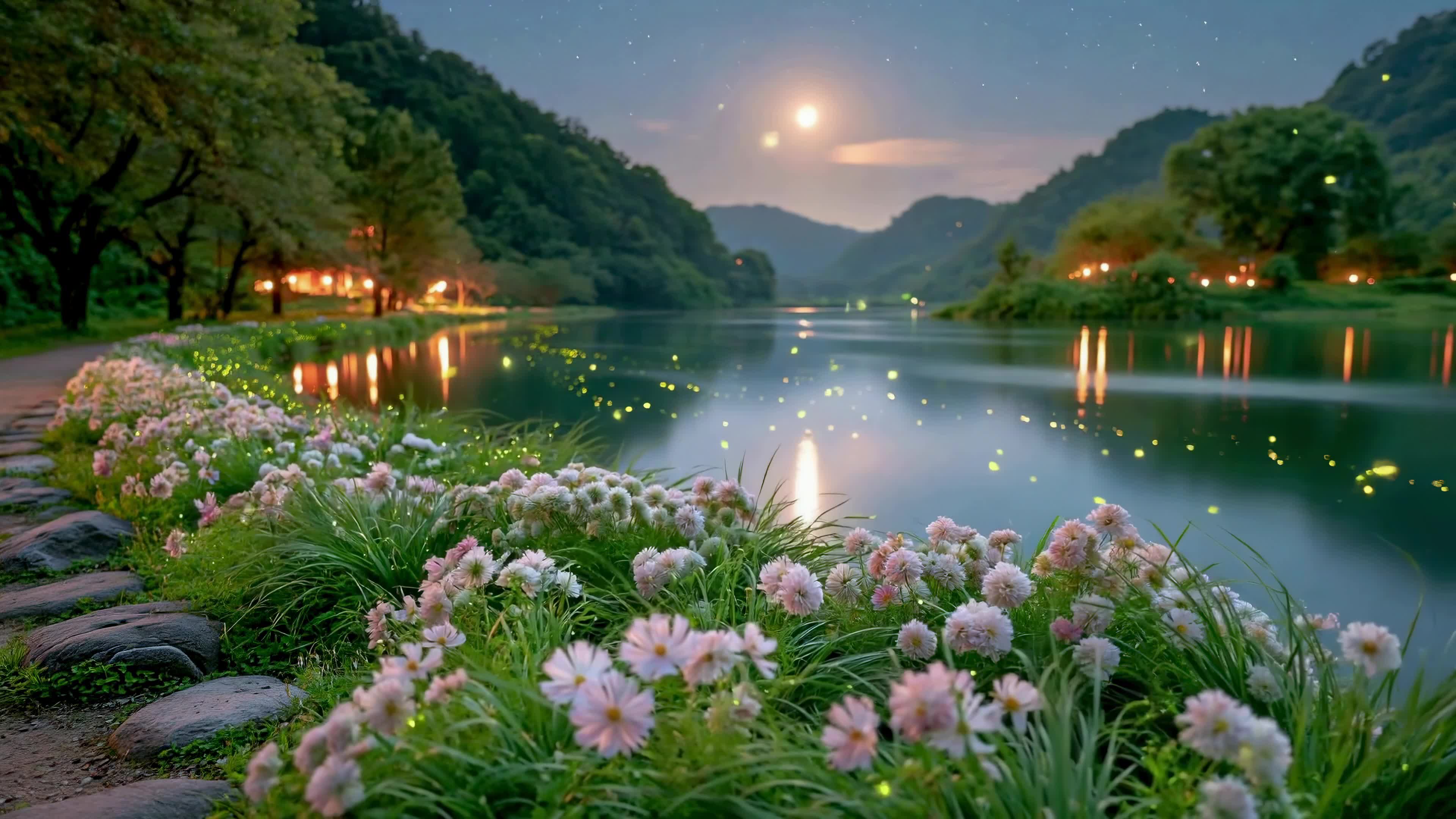 月夜湖畔花径