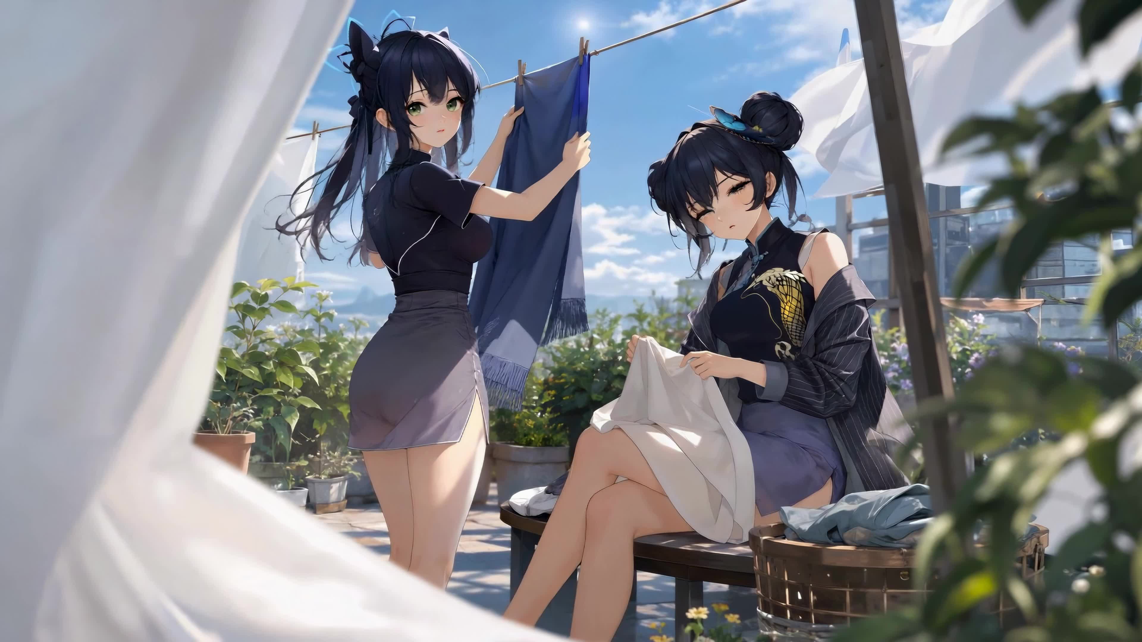 晴日露台晾衣少女