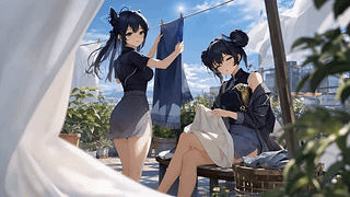 晴日露台晾衣少女