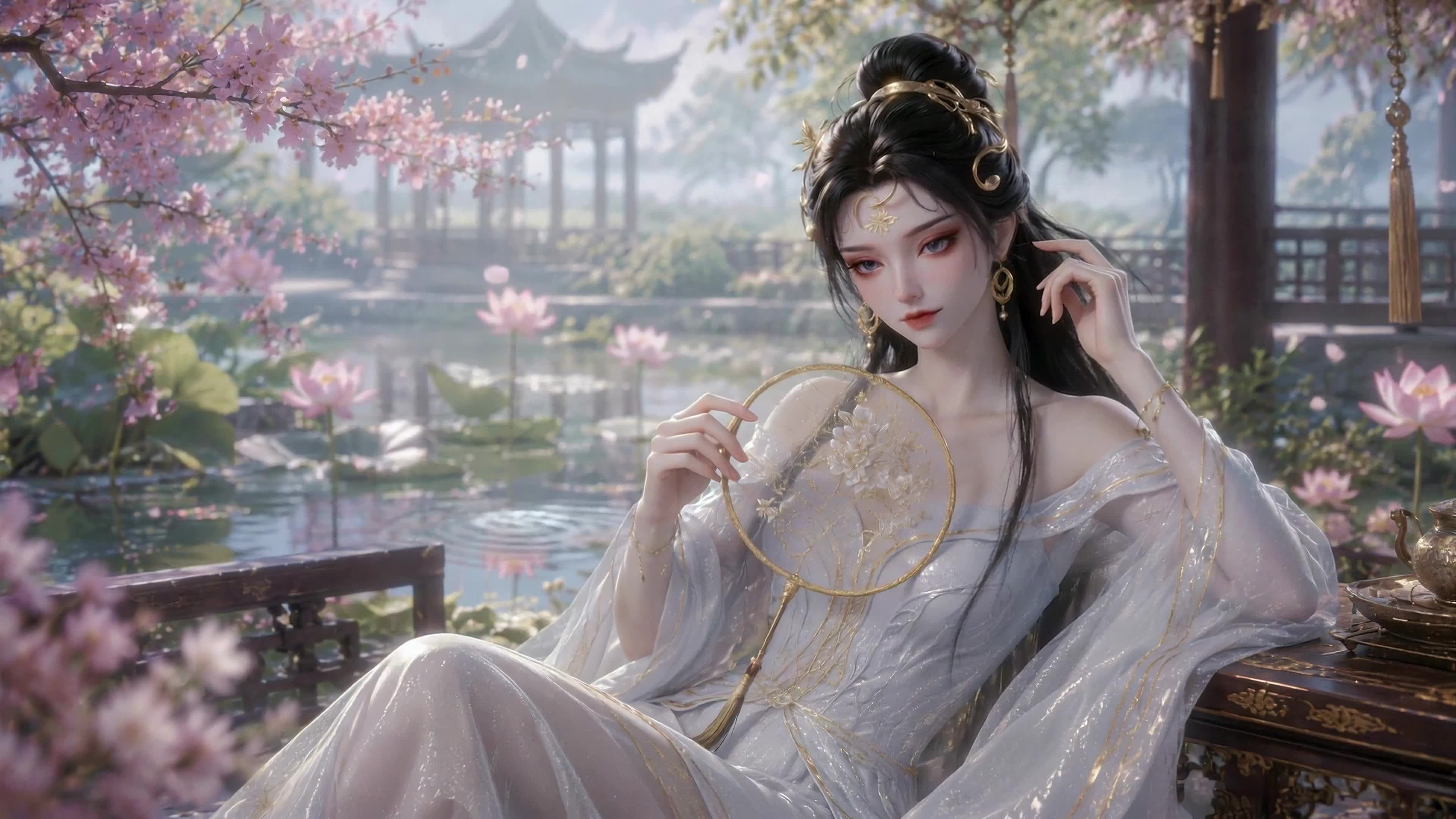 荷塘庭院古风美人