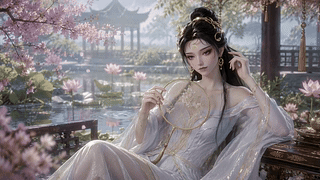 荷塘庭院古风美人