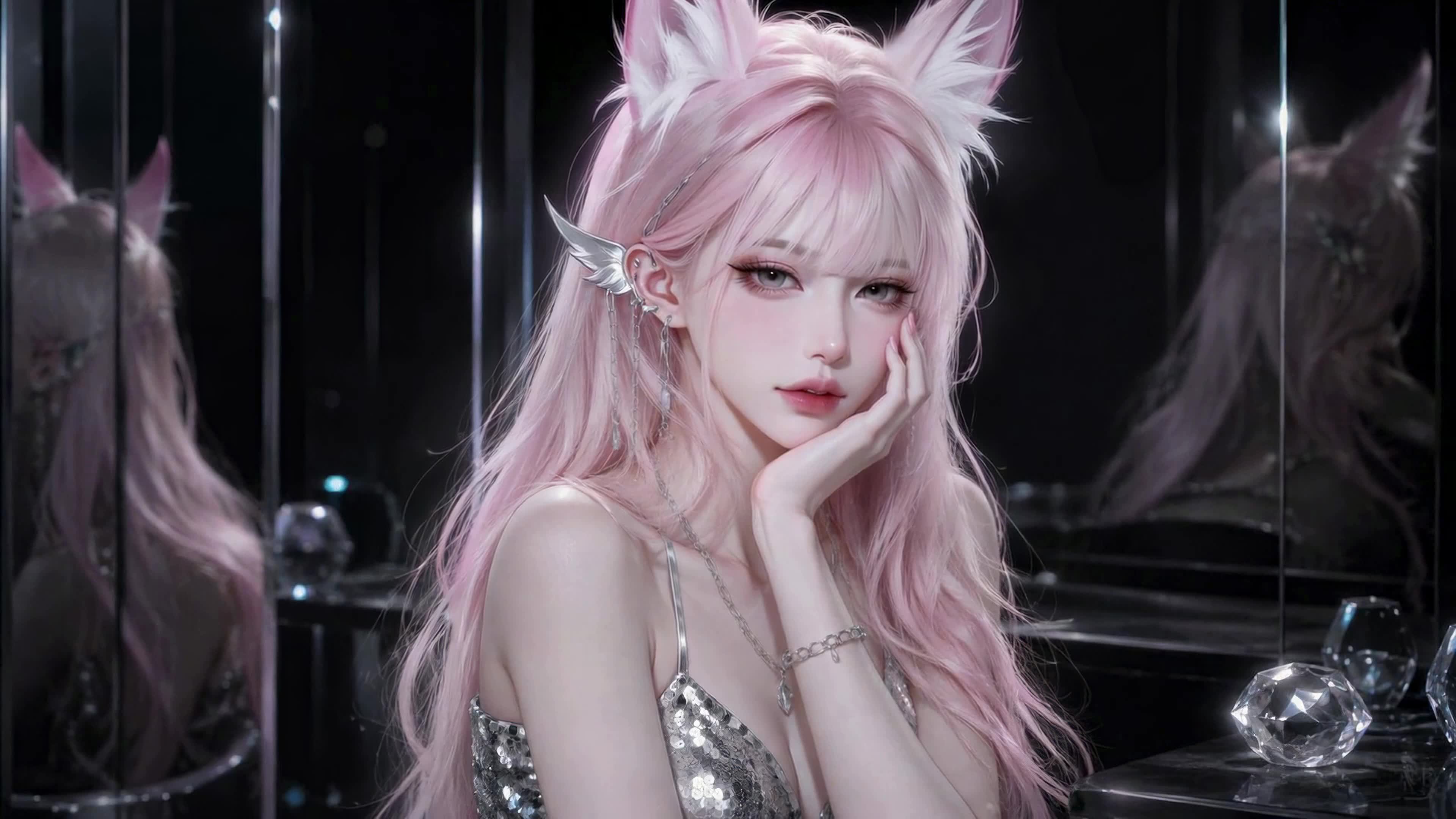 粉发狐耳少女镜前小憩