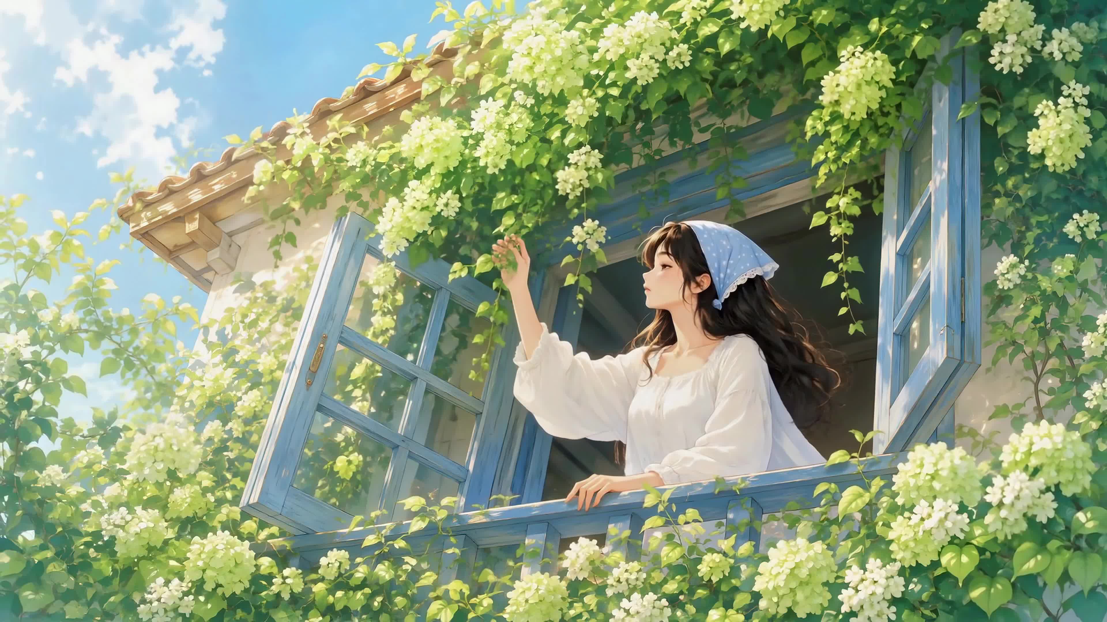 繁花窗台的少女